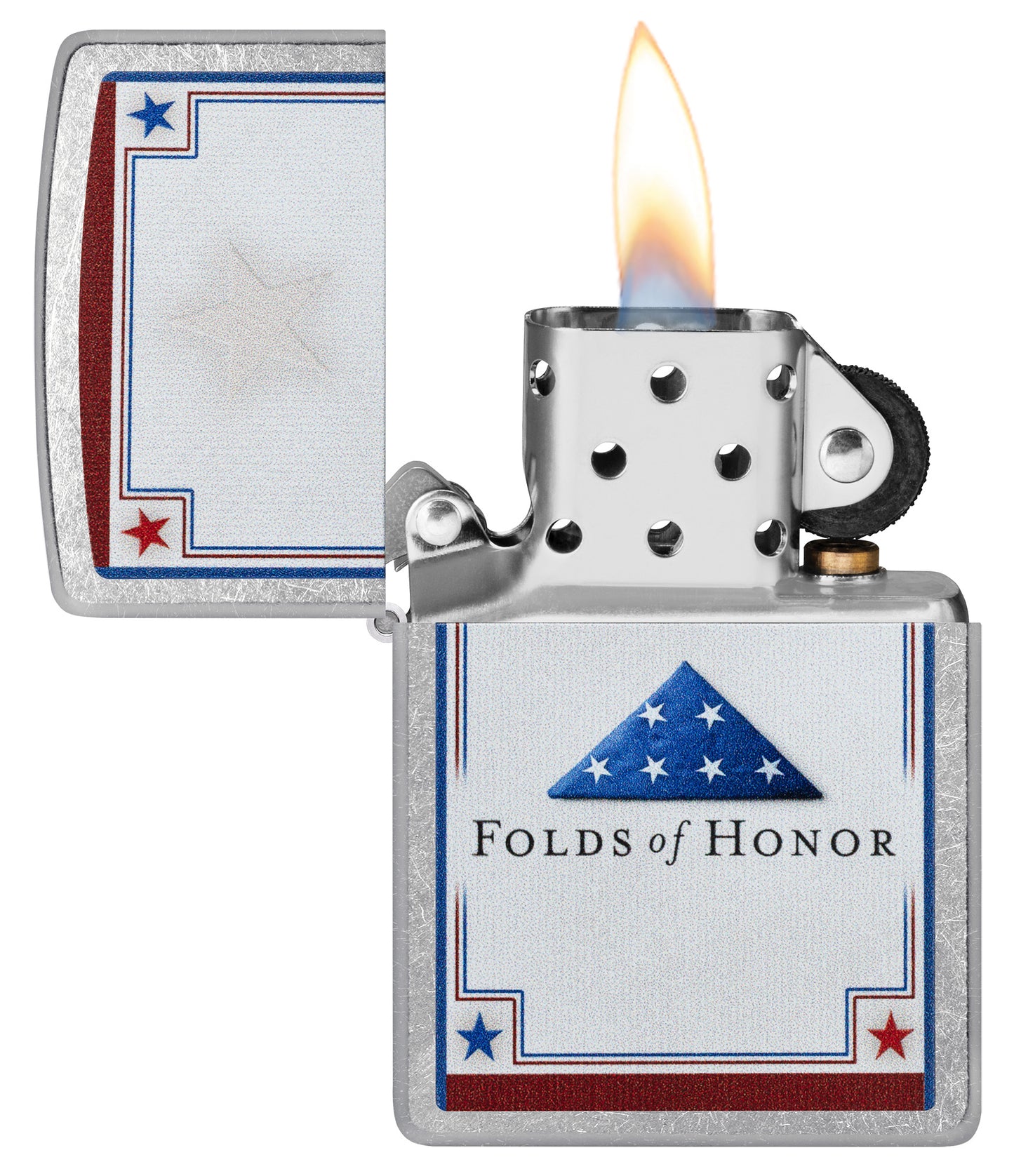Zippo Folds of Honor Logo Design Street Chrome Pocket Lighter with its lid open and lit.