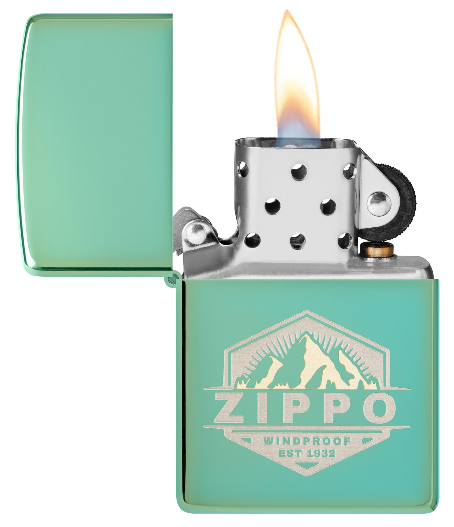 Zippo Badge Design High Polish Green Windproof Lighter with its lid open and lit.