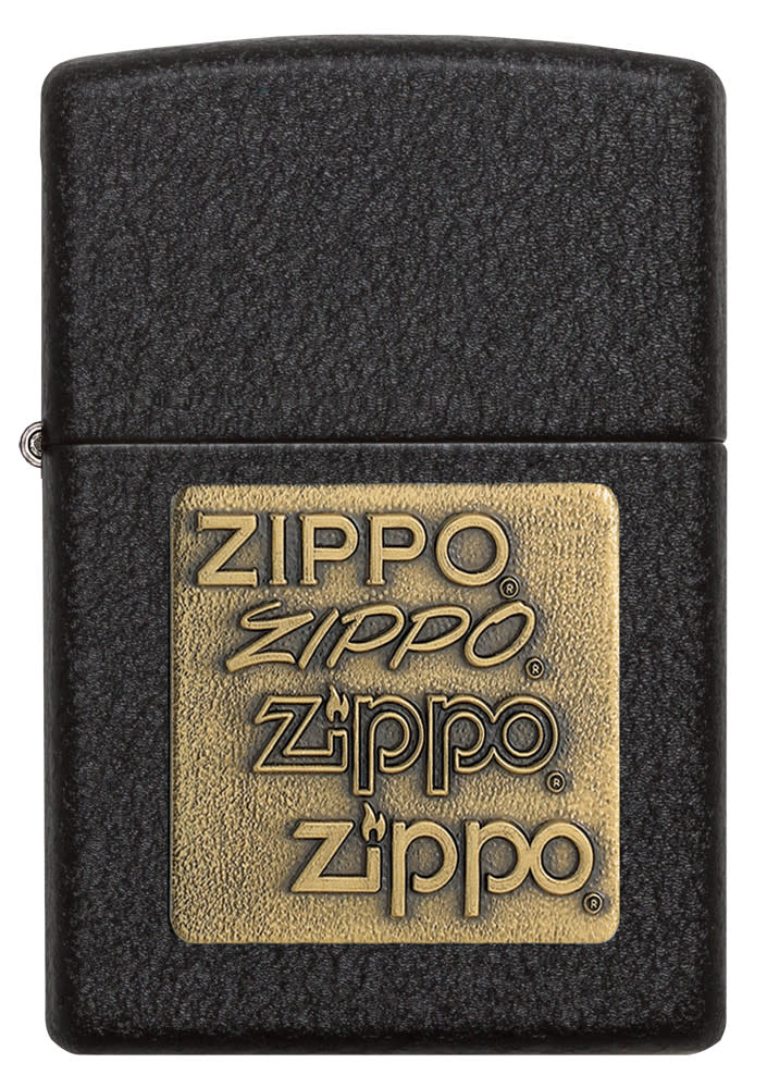 Front view of the Black Crackle® Brass Zippo Logo Emblem Lighter