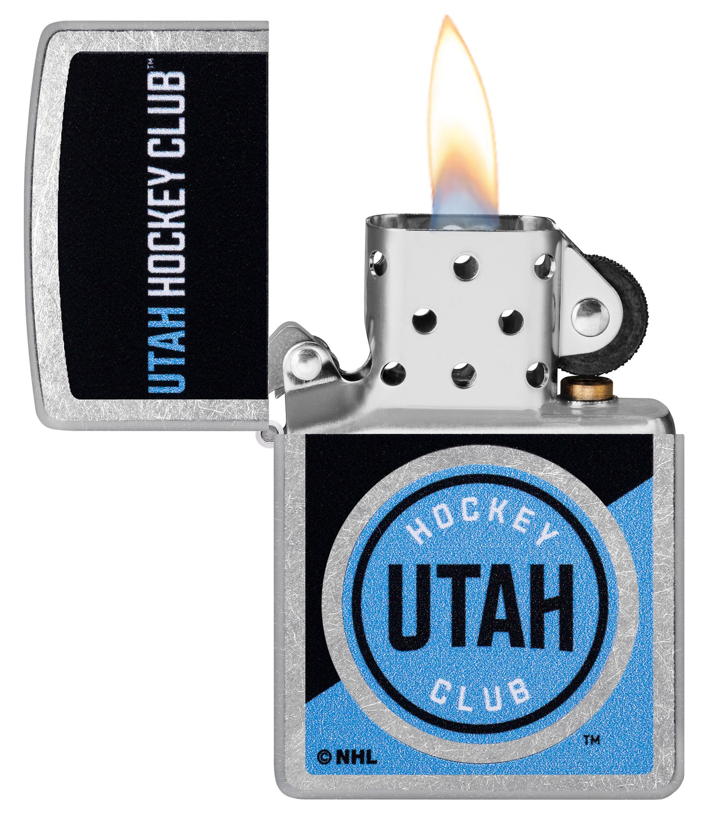 Zippo NHL® Utah Hockey Club® 2024 Street Chrome™ Windproof Lighter with its lid open and unlit.