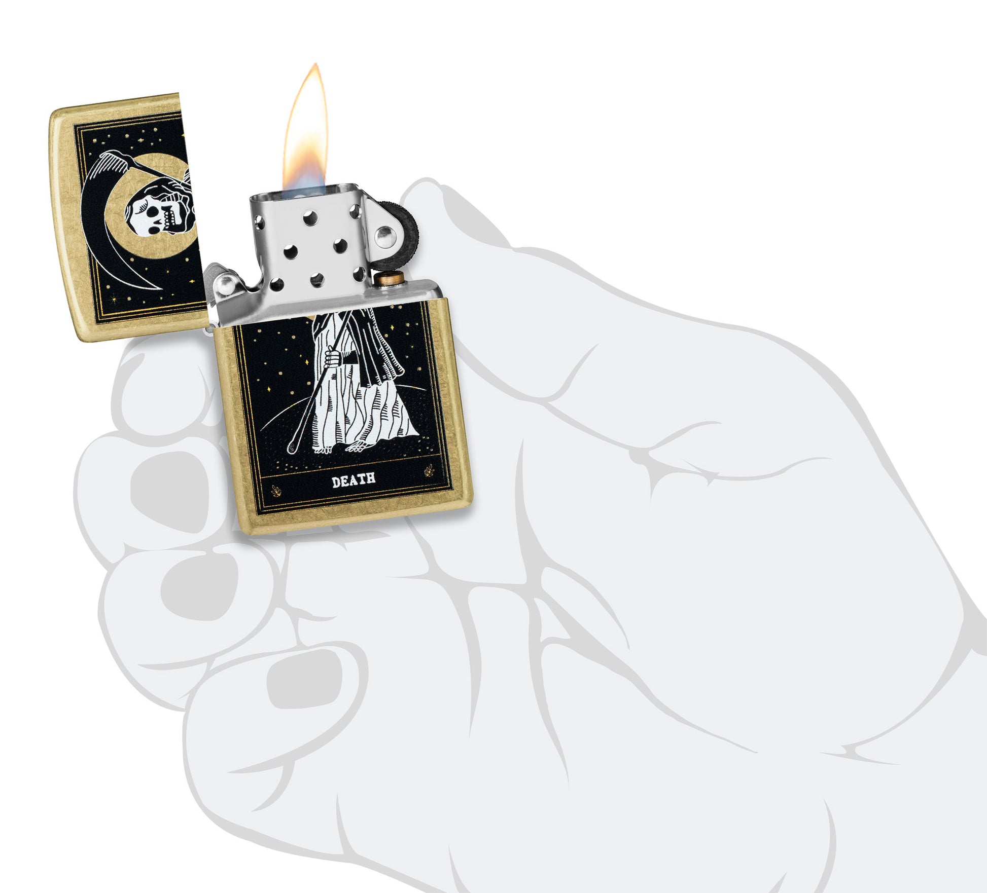 Zippo Death Card Desig Street Brass Windproof Lighter lit in hand.