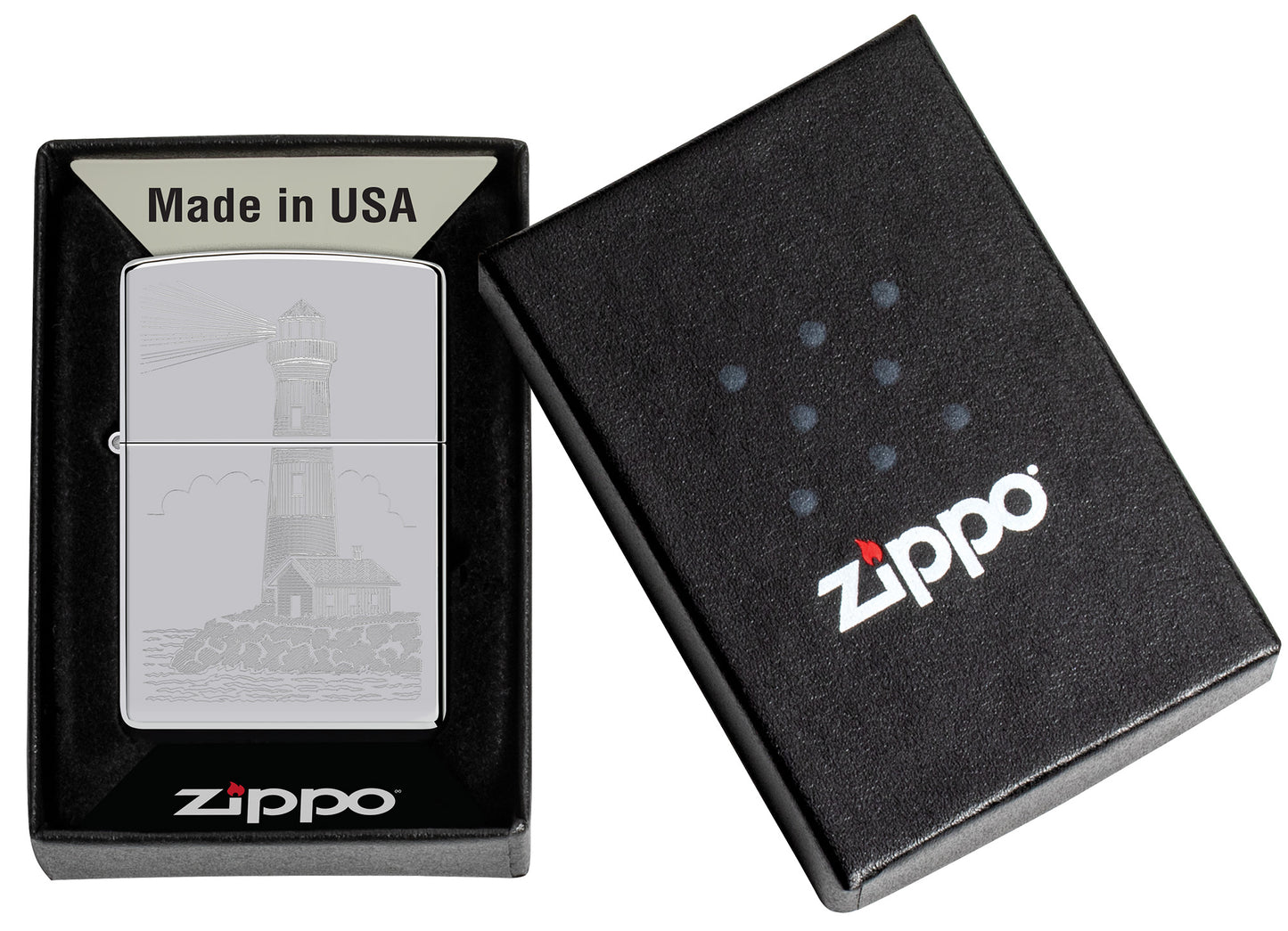 Zippo Lighthouse Design Highpolish Chrome Windproof Lighter in its packaging.