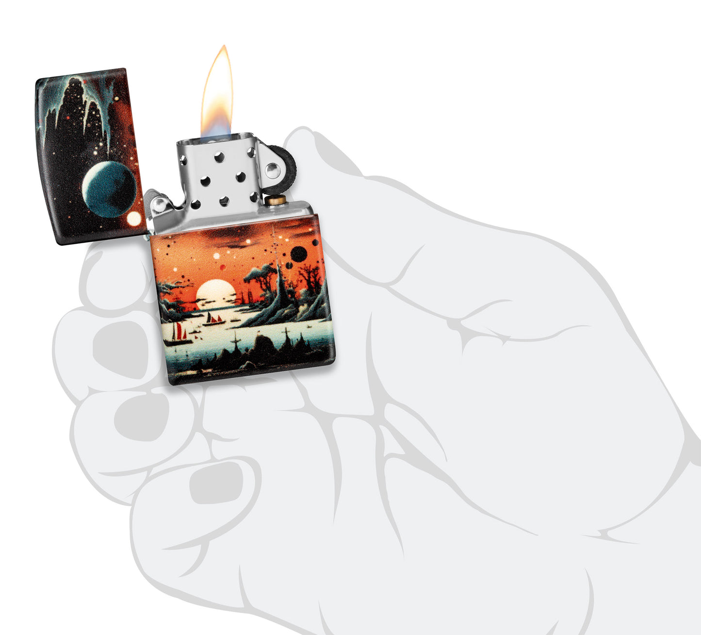 Zippo Galactic Landscape Design 540 Matte Windproof Lighter lit in hand.