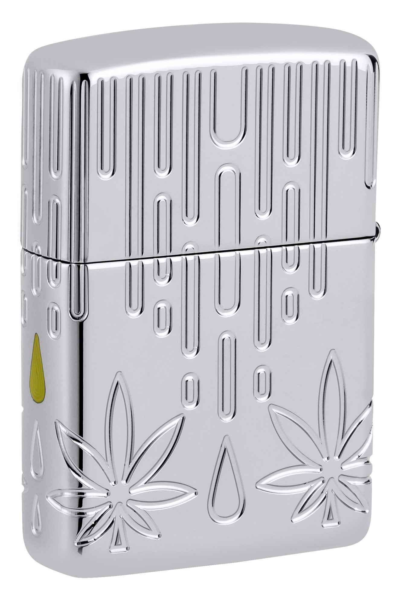 Back shot of Zippo Waxy Leaf Design Armor® High Polish Chrome Windproof Lighter standing at a 3/4 angle.