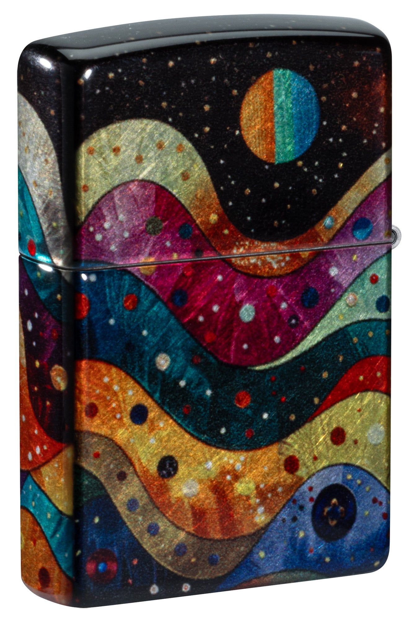 Back shot of Zippo Space Fusion Design 540 Tumbled Chrome Windproof Lighter standing at a 3/4 angle.