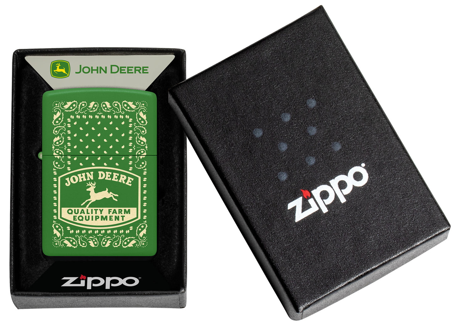 Zippo John Deere Paisley Design Moss Green Windproof Lighter in its packaging.