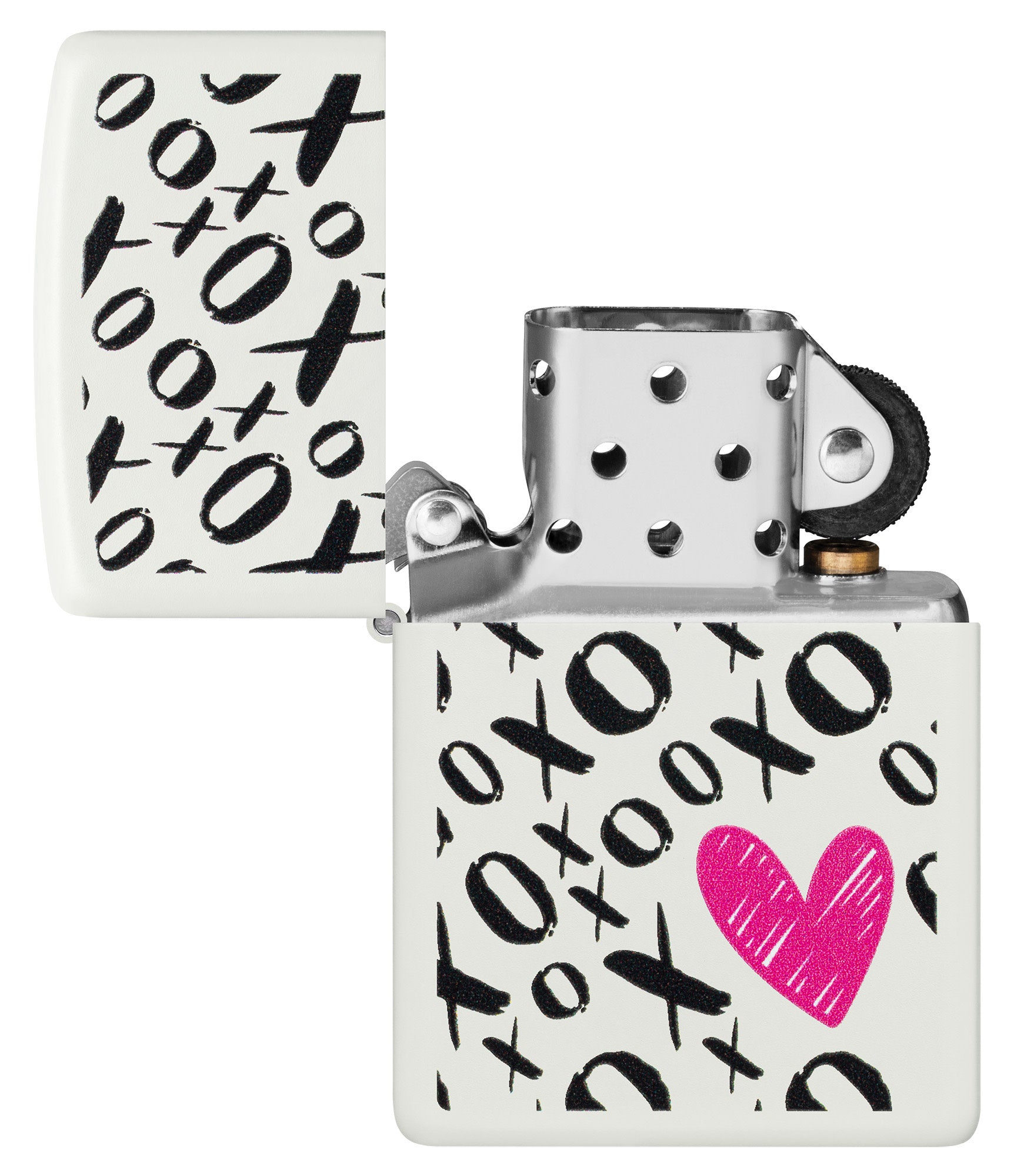 Zippo Hugs and Kisses Design White Matte Windproof Lighter with its lid open and unlit.