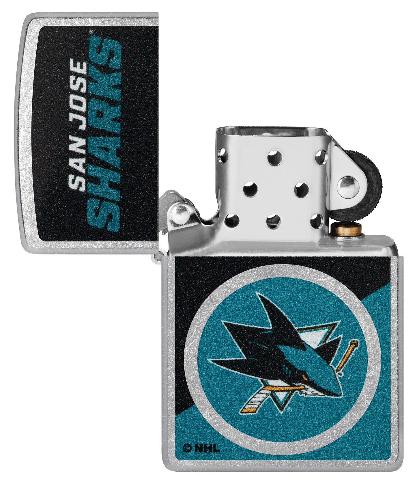 Zippo NHL® San Jose Sharks® 2024 Street Chrome™ Windproof Lighter lit in hand.