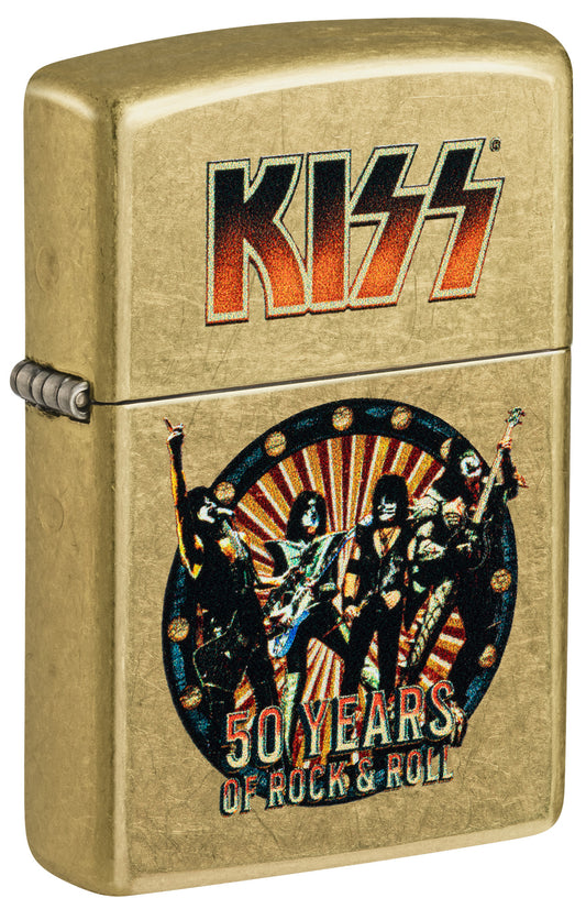 Front shot of Zippo KISS® 50 Years Design Street Brass Windproof Lighter standing at a 3/4 angle.