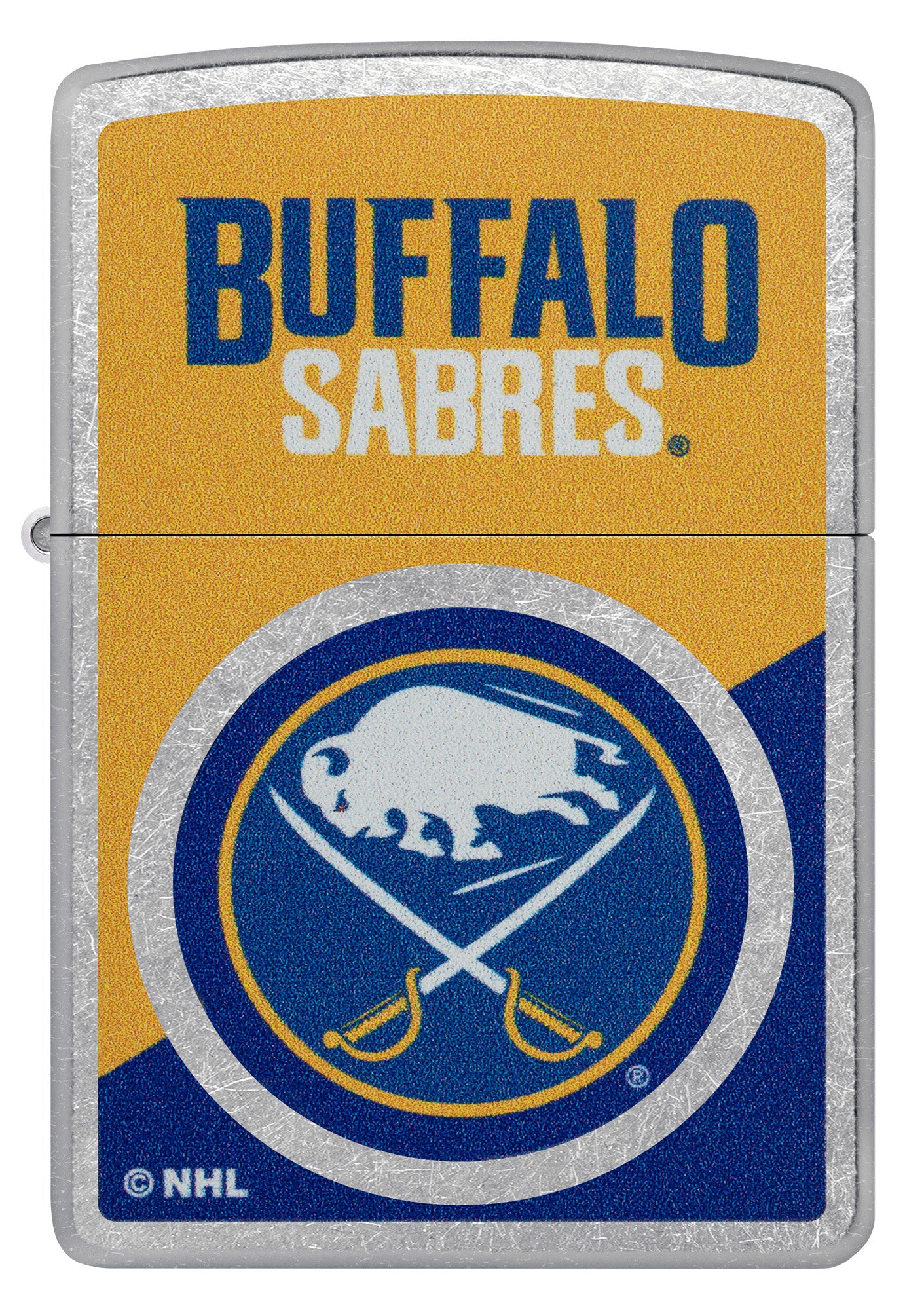 Zippo NHL® Buffalo Sabres® 2024 Street Chrome™ Windproof Lighter with its lid open and lit.
