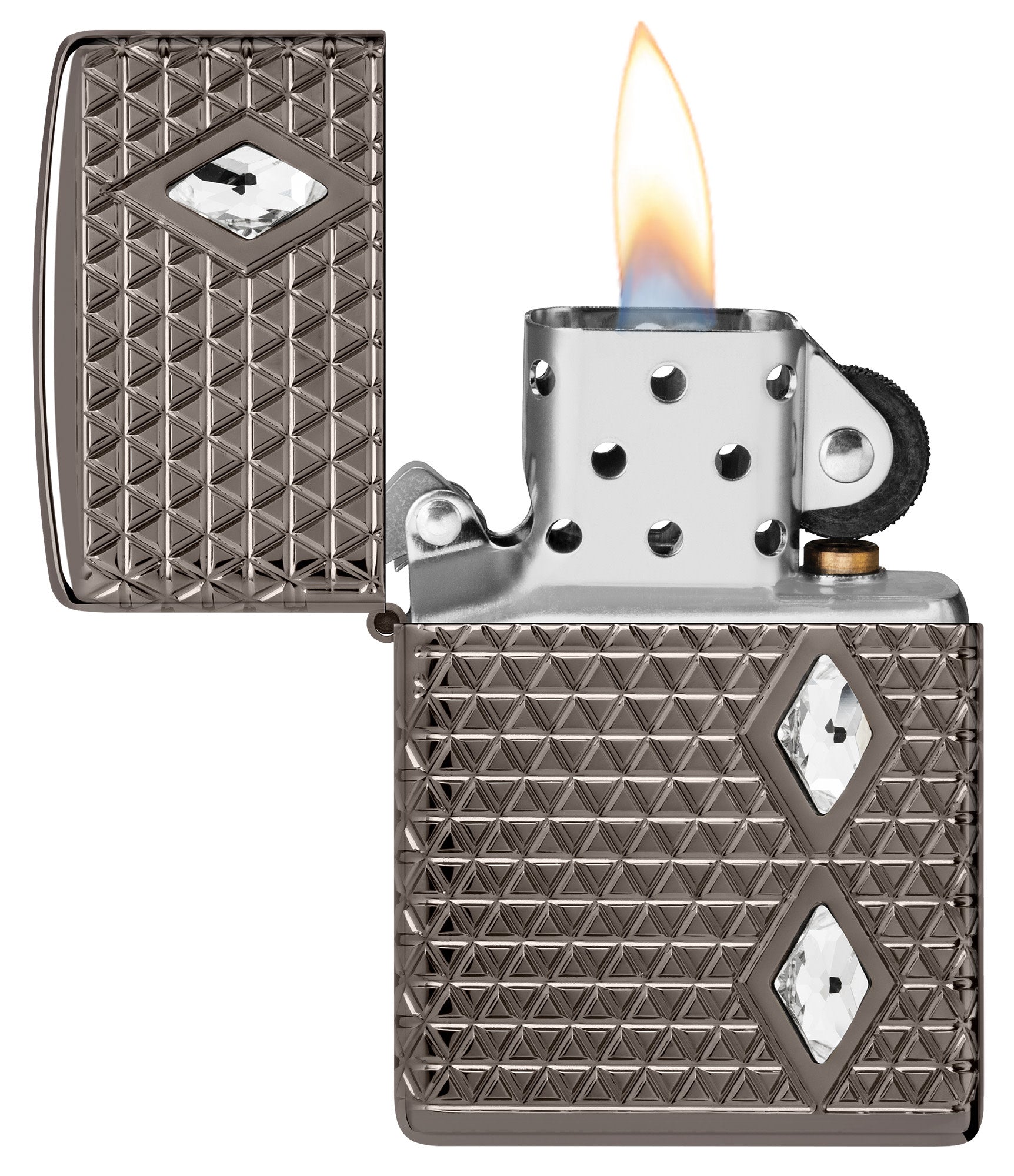 Zippo Diamond Pattern Design Armor® Black Ice® Windproof Lighter with its lid open and lit.