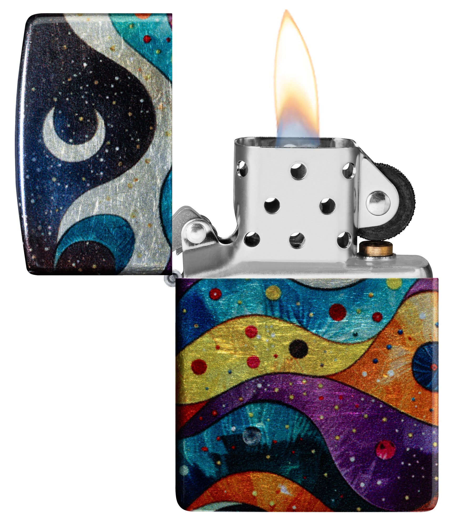 Zippo Space Fusion Design 540 Tumbled Chrome Windproof Lighter with its lid open and lit.