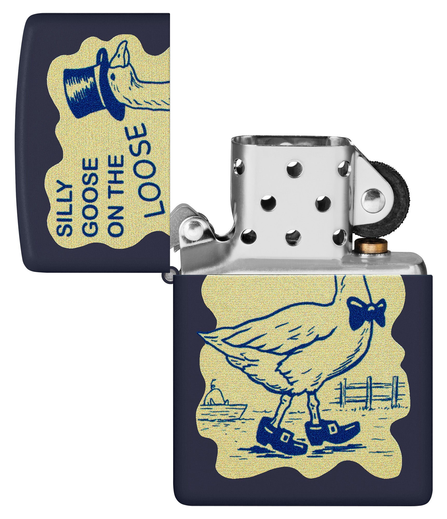Zippo Silly Goose Design Navy Blue Matte Windproof Lighter with its lid open and unlit.