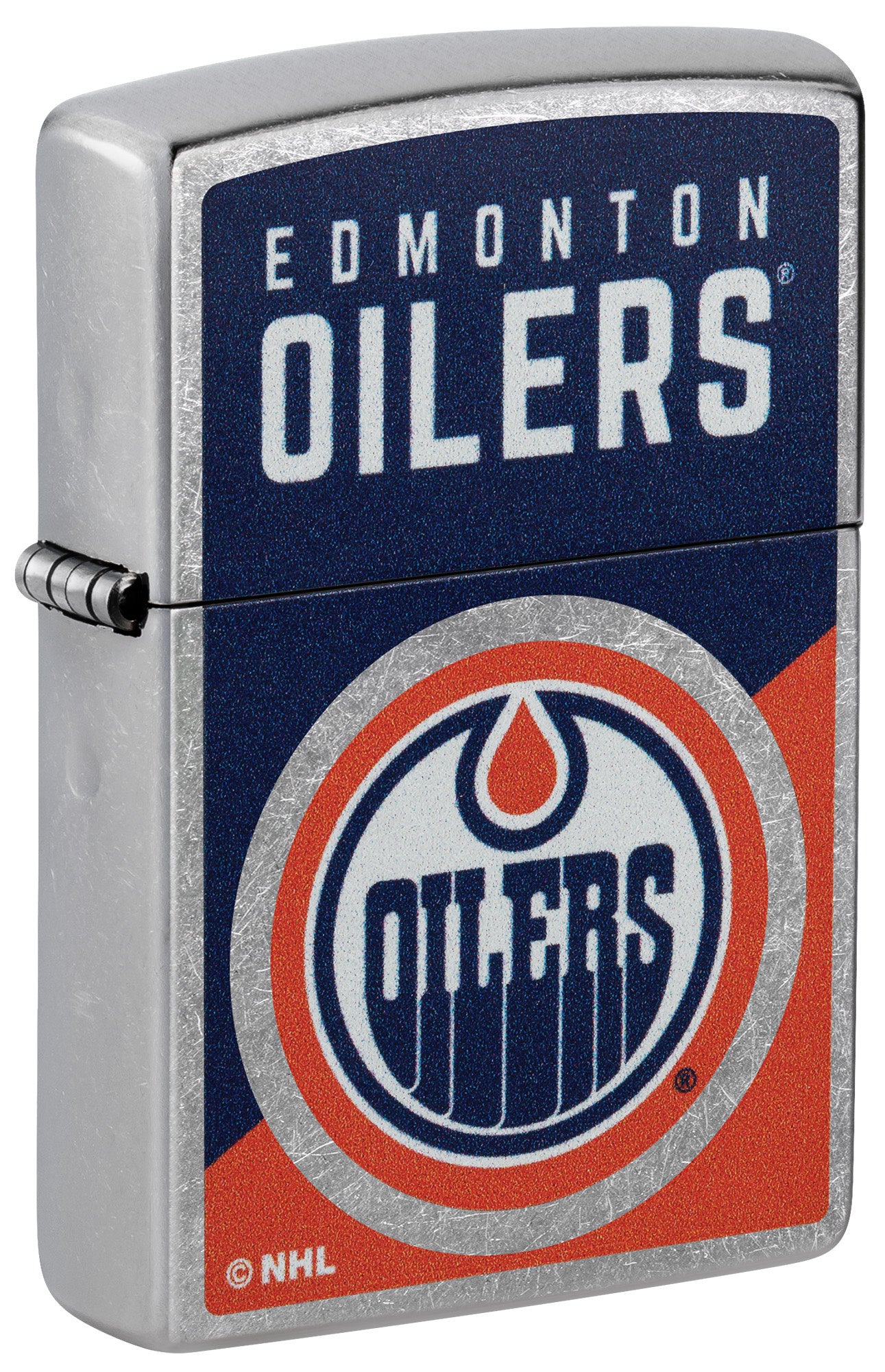 Front shot of Zippo NHL® Edmonton Oilers® 2024 Street Chrome™ Windproof Lighter standing at a 3/4 angle.