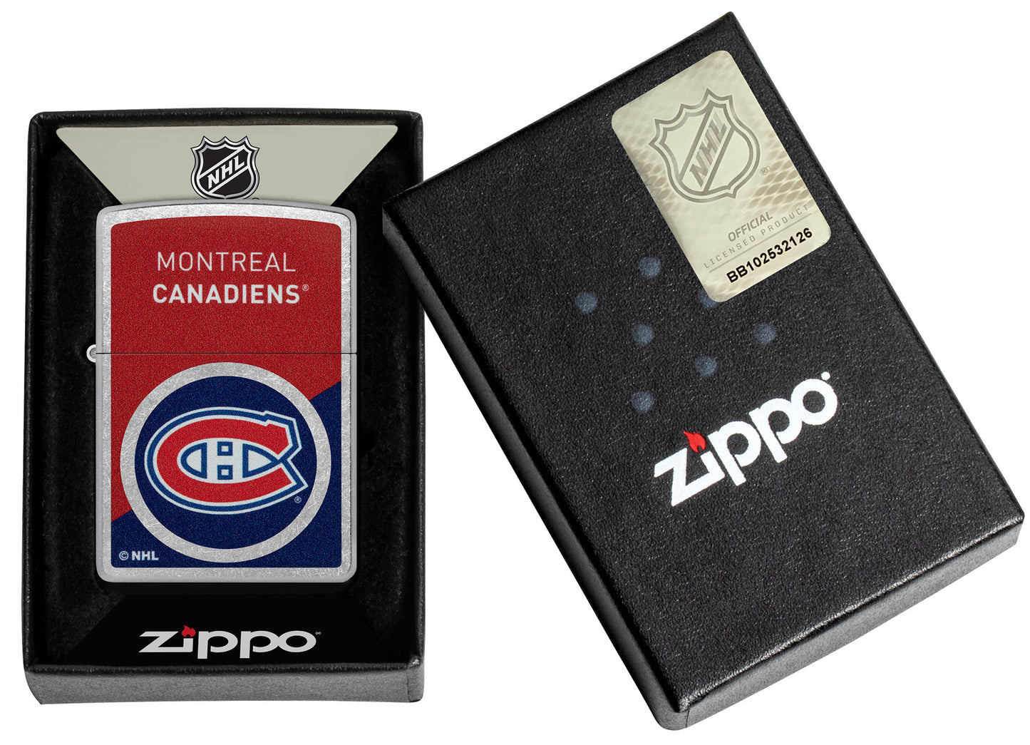 Zippo NHL® Montreal Canadiens® 2024 Street Chrome™ Windproof Lighter in its packaging.