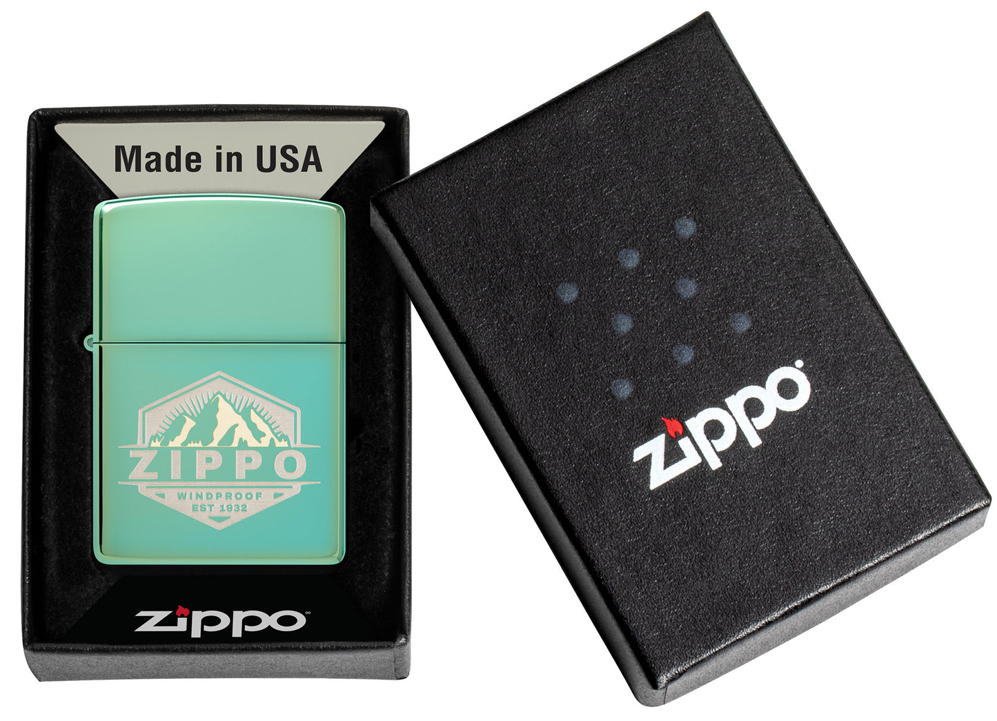 Zippo Badge Design High Polish Green Windproof Lighter in its packaging.