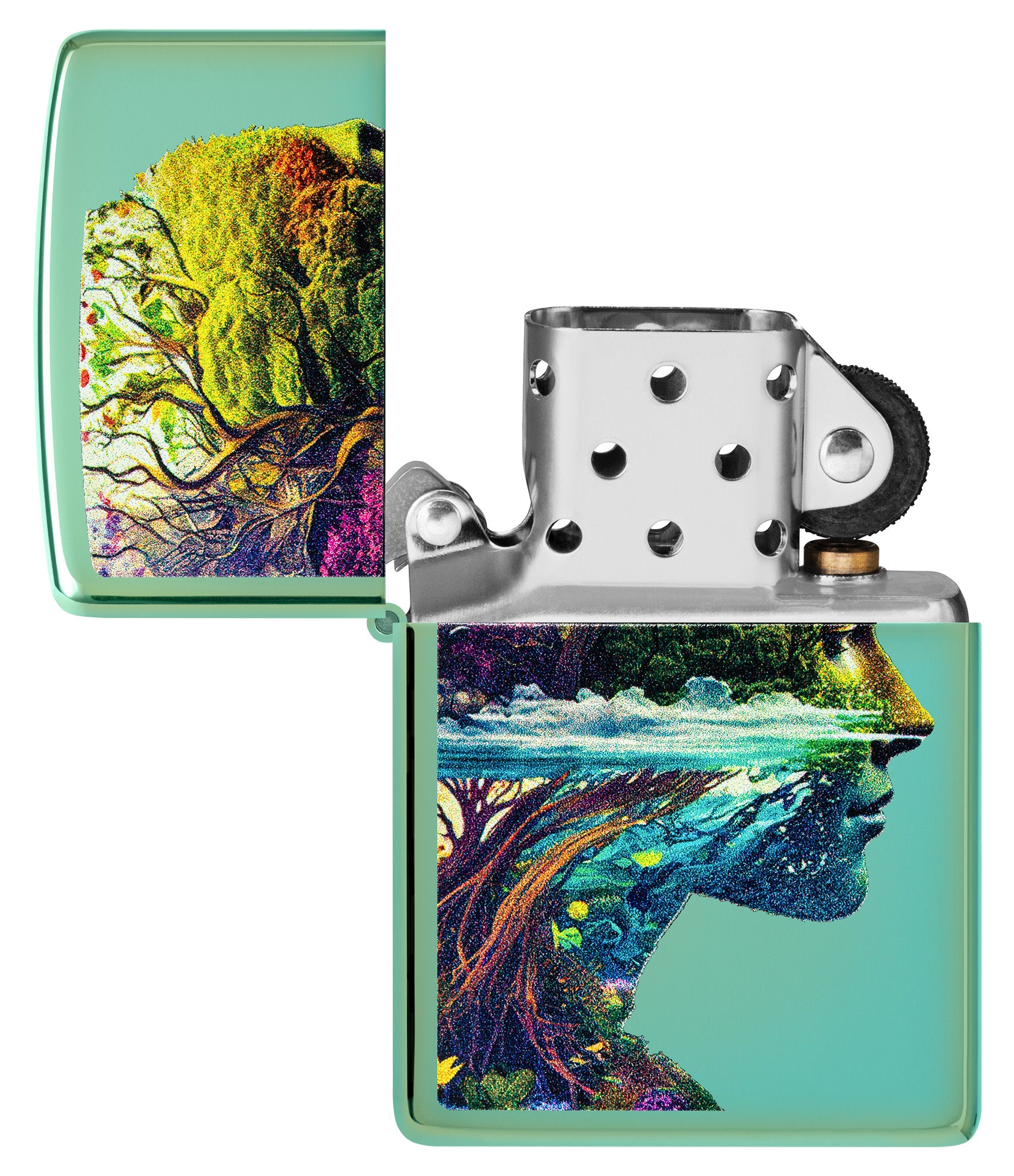 Zippo One with Nature Design High Polish Green Windproof Lighter with its lid open and unlit.