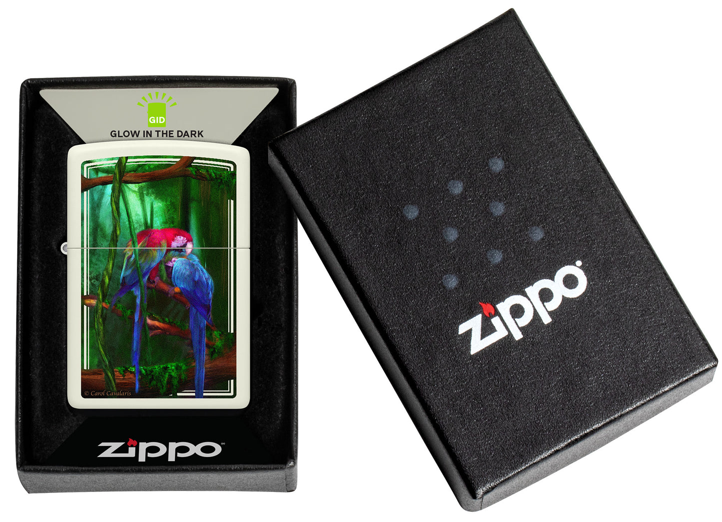Zippo Carol Cavalaris Glow in the Dark Windproof Lighter in its packaging.