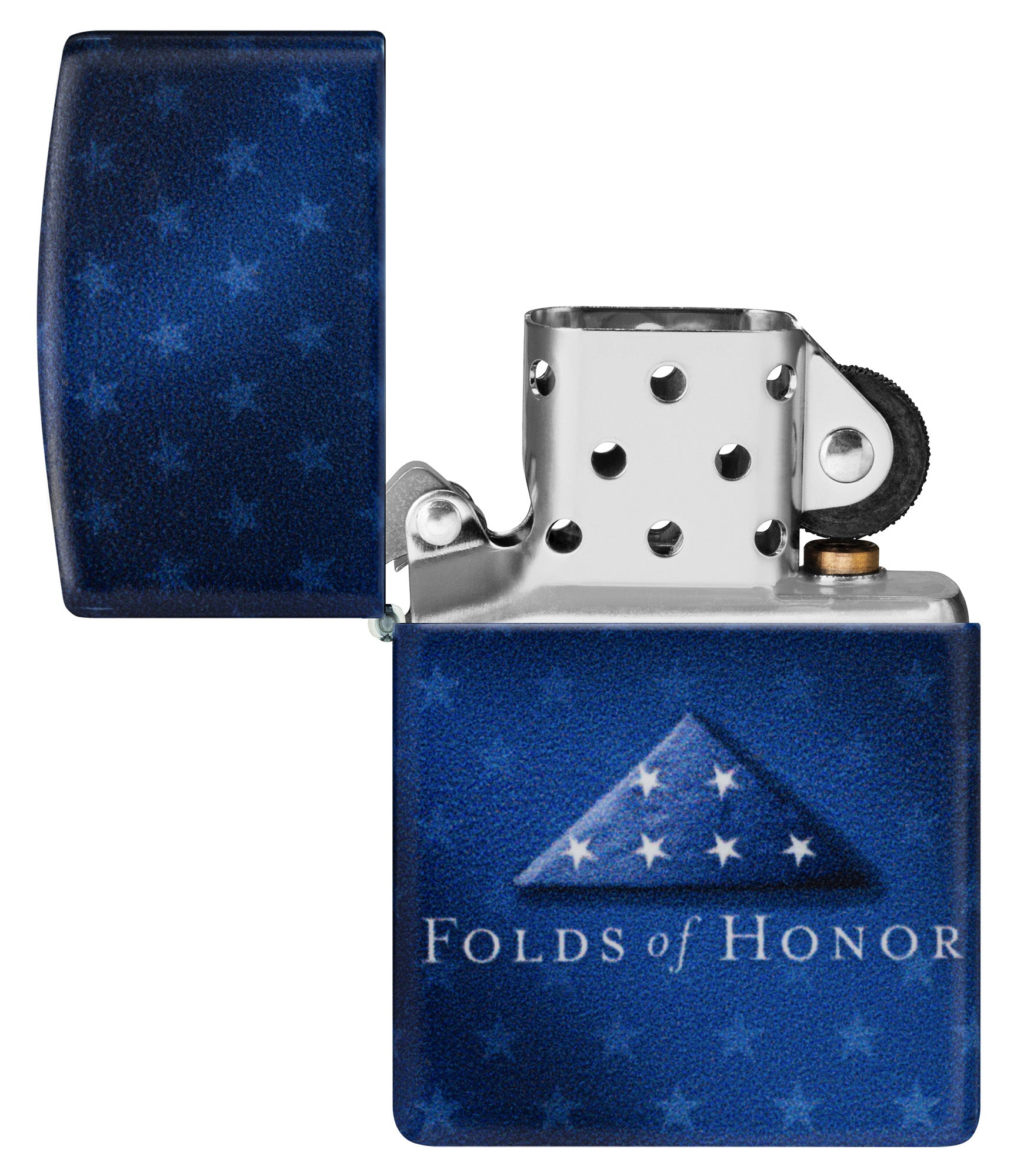 Zippo Folds of Honor Star-Studded Design 540 Matte Pocket Lighter with its lid open and unlit.