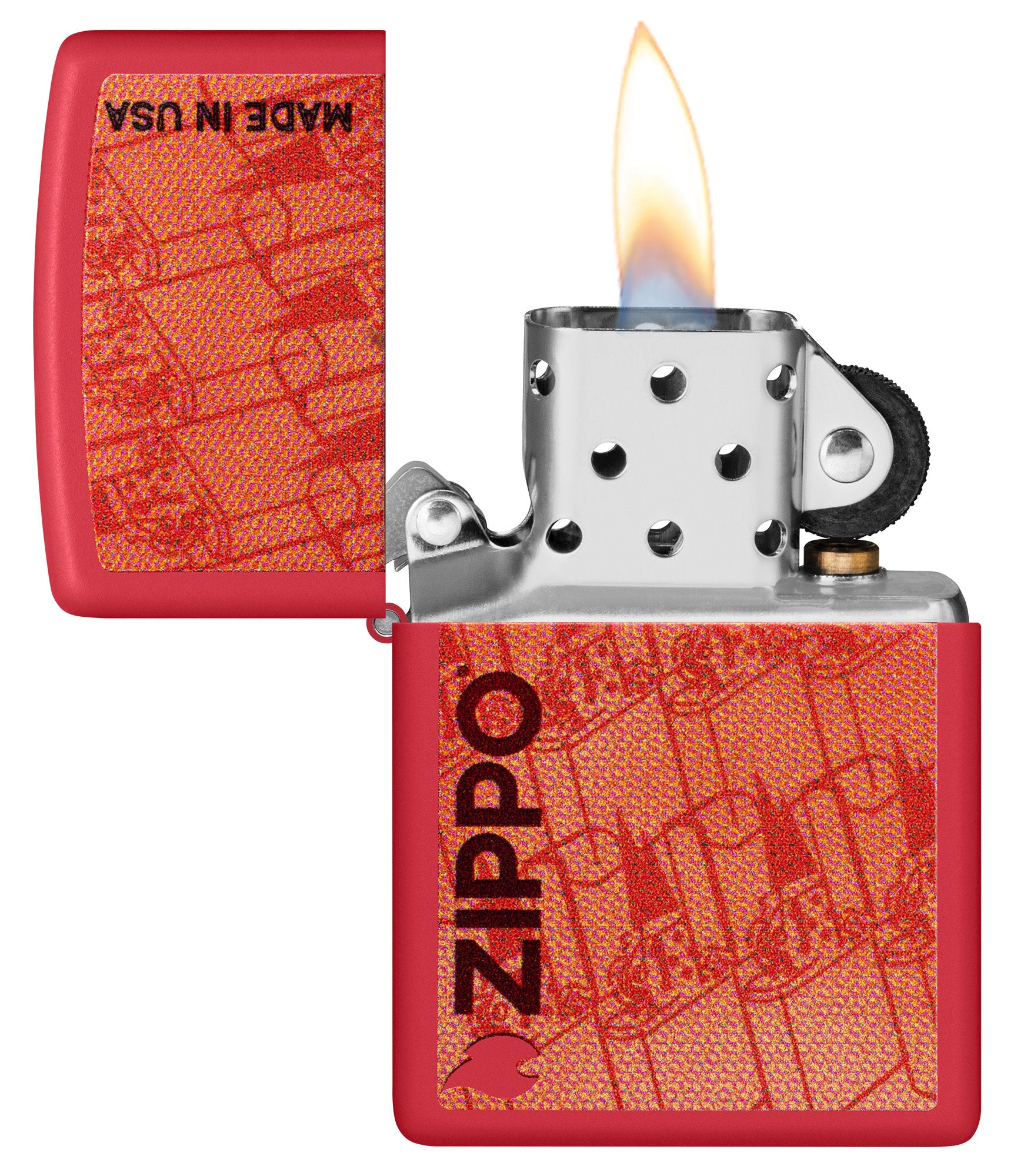 Zippo Made in USA Design Red Matte Windproof Lighter with its lid open and lit.