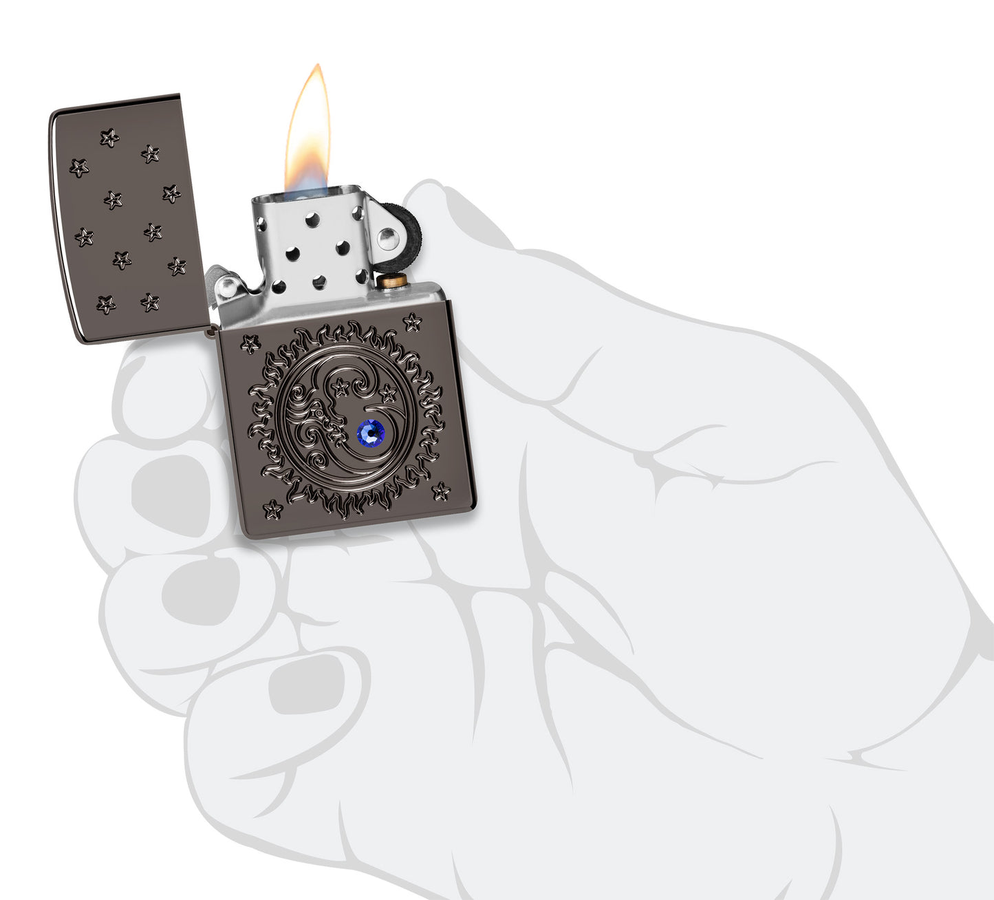Zippo Ocean Crystal Black Ice® Windproof Lighter lit in hand.