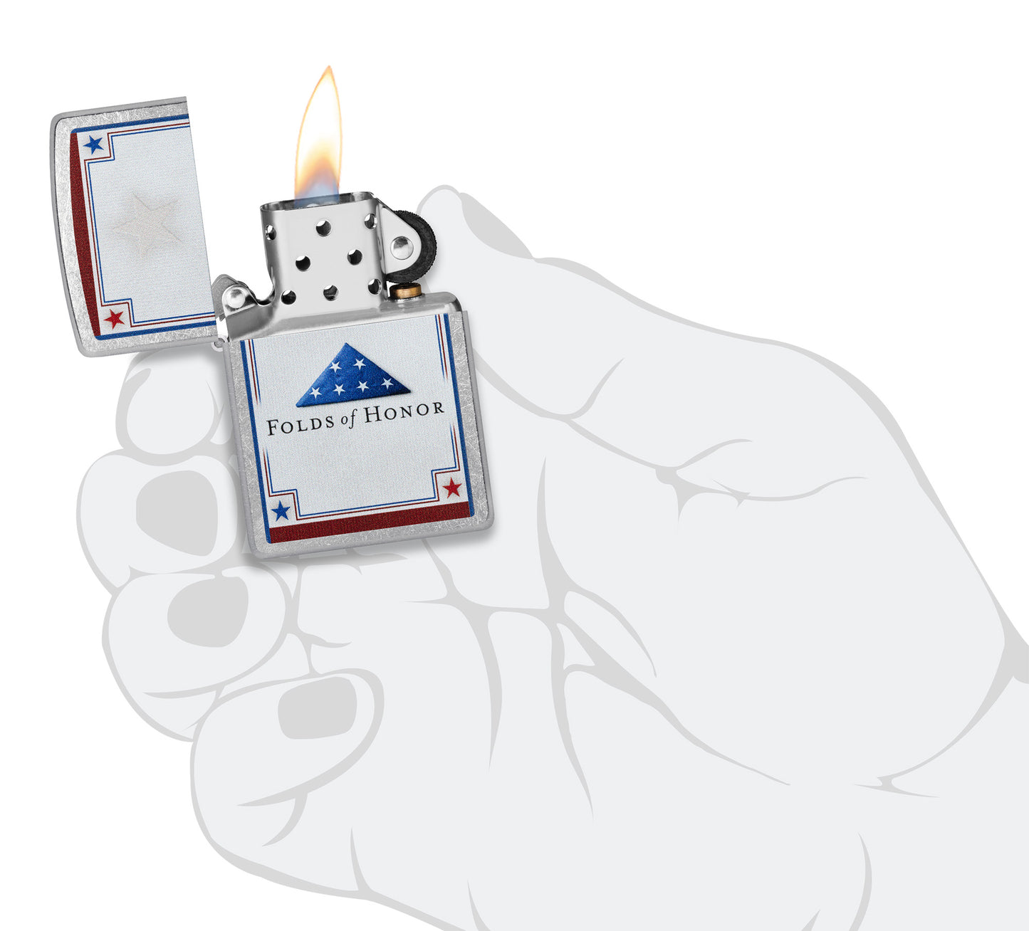 Zippo Folds of Honor Logo Design Street Chrome Pocket Lighter lit in hand.