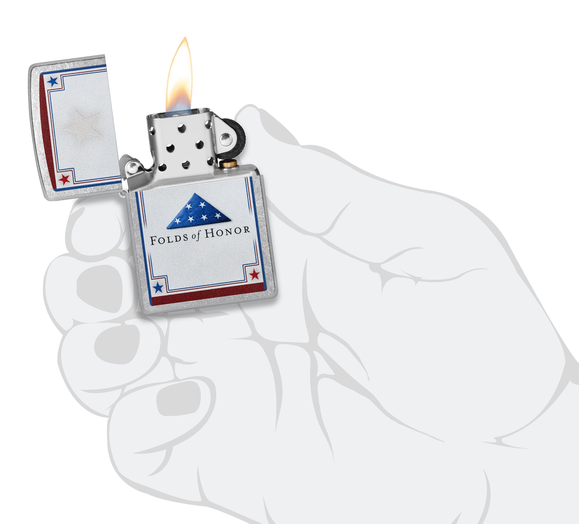 Zippo Folds of Honor Logo Design Street Chrome Pocket Lighter lit in hand.