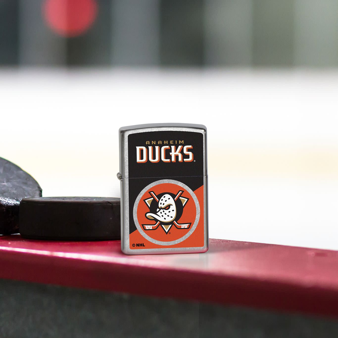 Front view of Zippo NHL® Anaheim Ducks® 2024 Street Chrome™ Windproof Lighter.