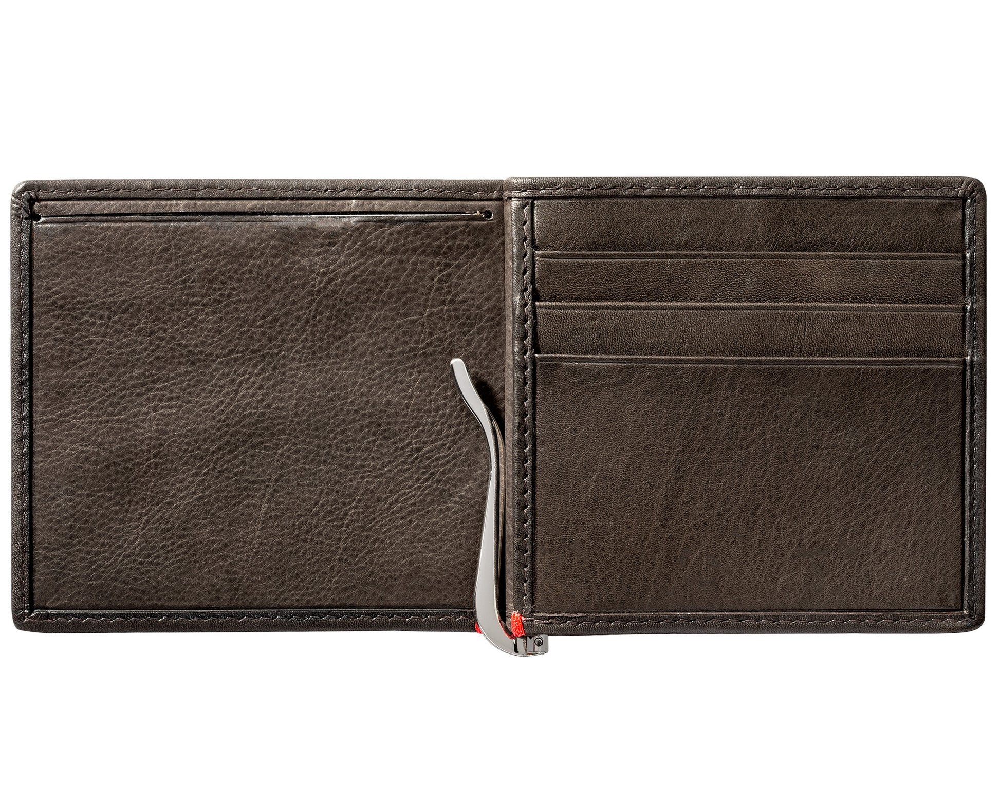 Mocha Leather Wallet With Spade Metal Plate money clip inside empty