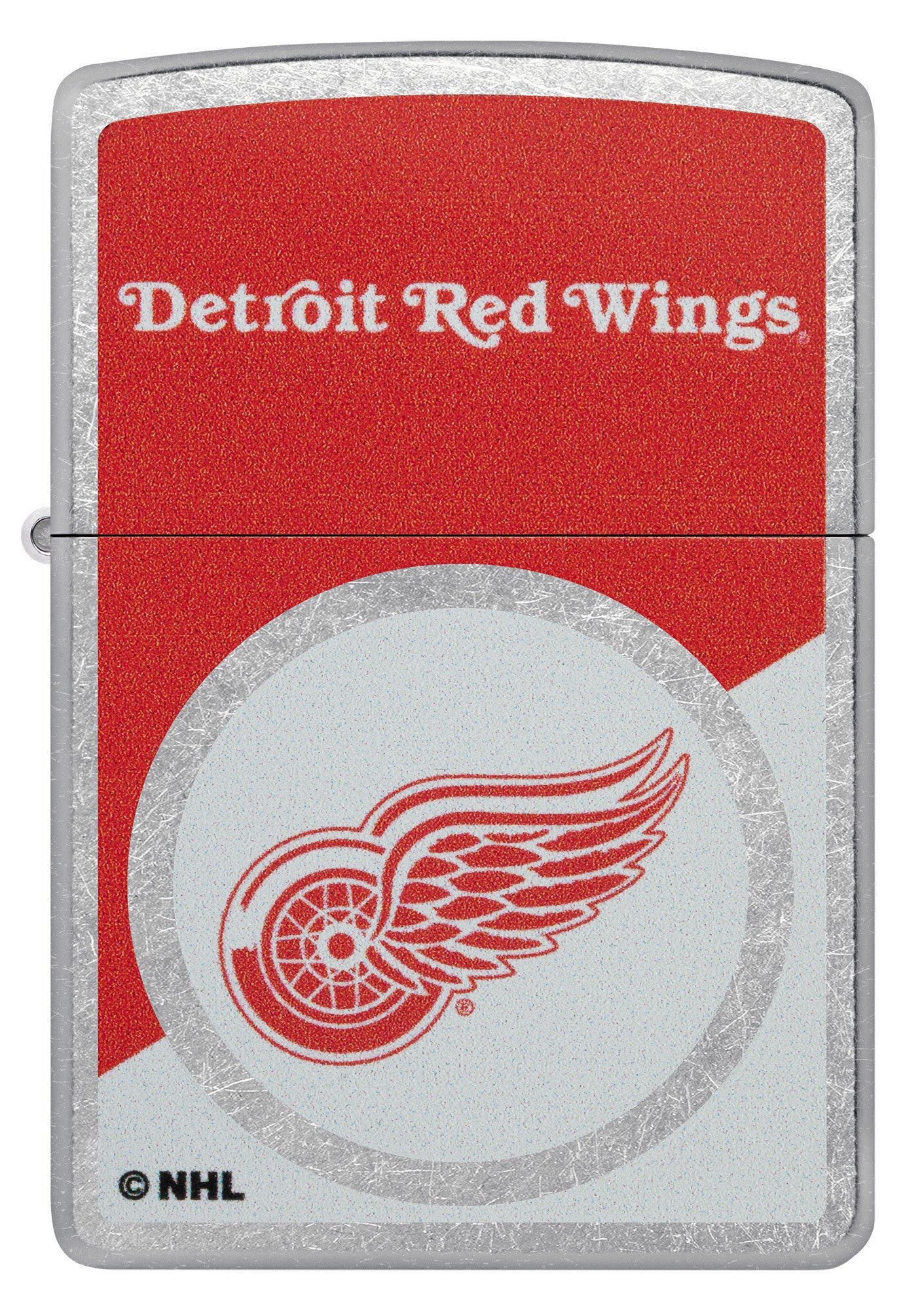 Zippo NHL® Detroit Red Wings® 2024 Street Chrome™ Windproof Lighter with its lid open and lit.