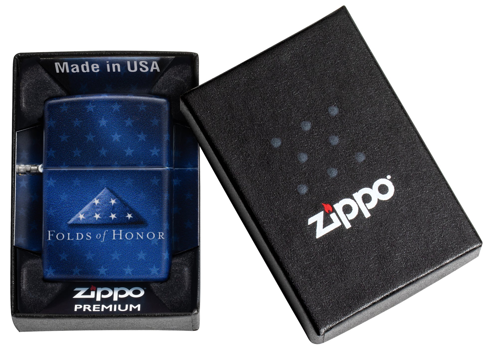 Zippo Folds of Honor Star-Studded Design 540 Matte Pocket Lighter in its packaging.