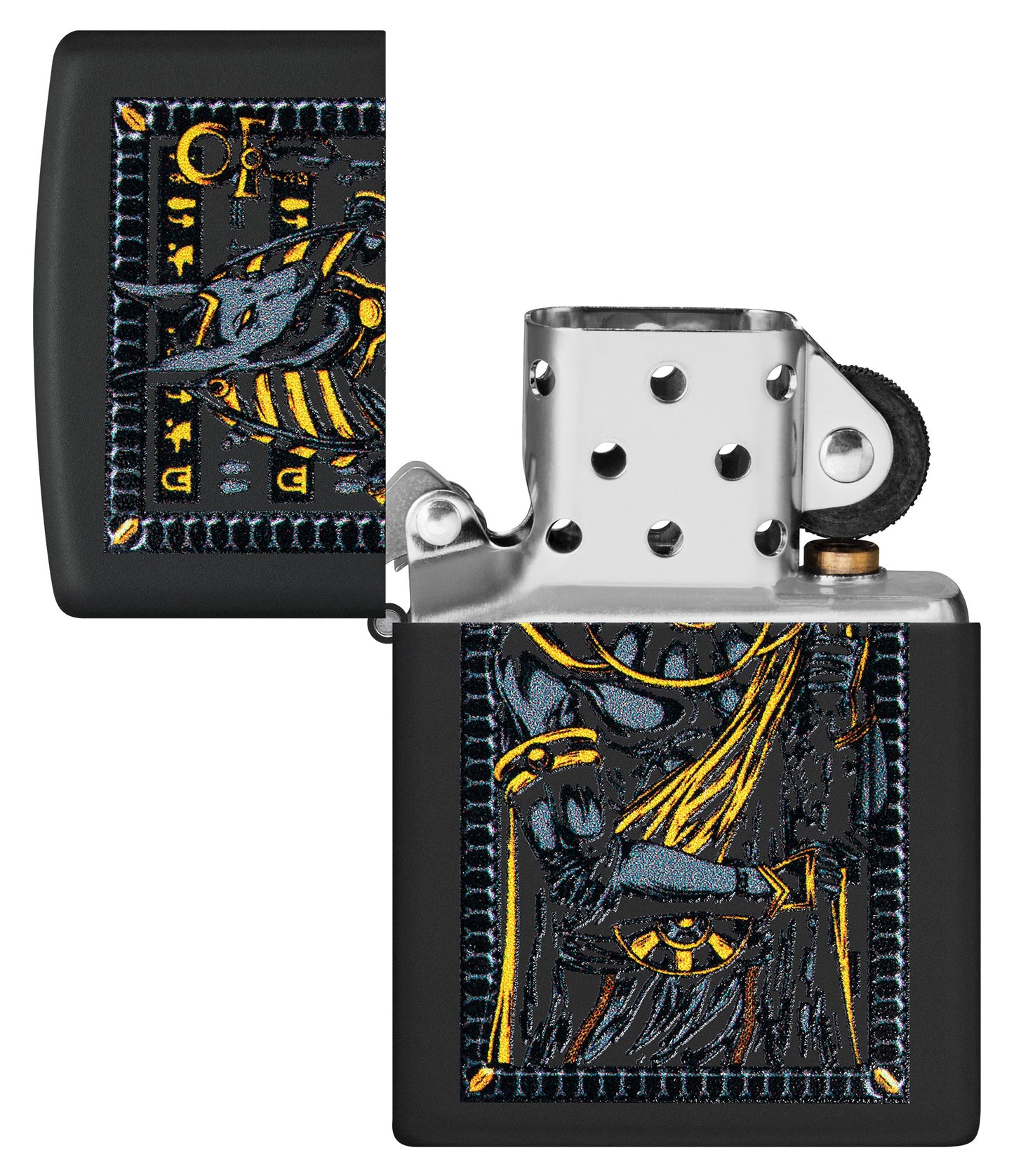 Zippo Anubis Design Black Matte Windproof Lighter with its lid open and unlit.