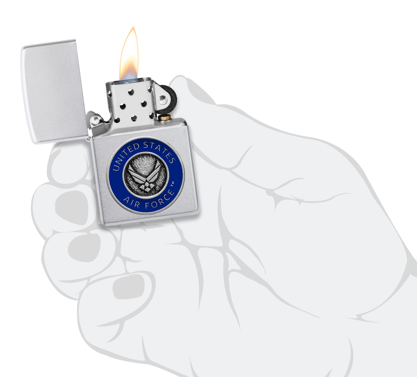 Zippo United States Air Forceâ„¢ Emblem Satin Chrome Windproof Lighter lit in hand.