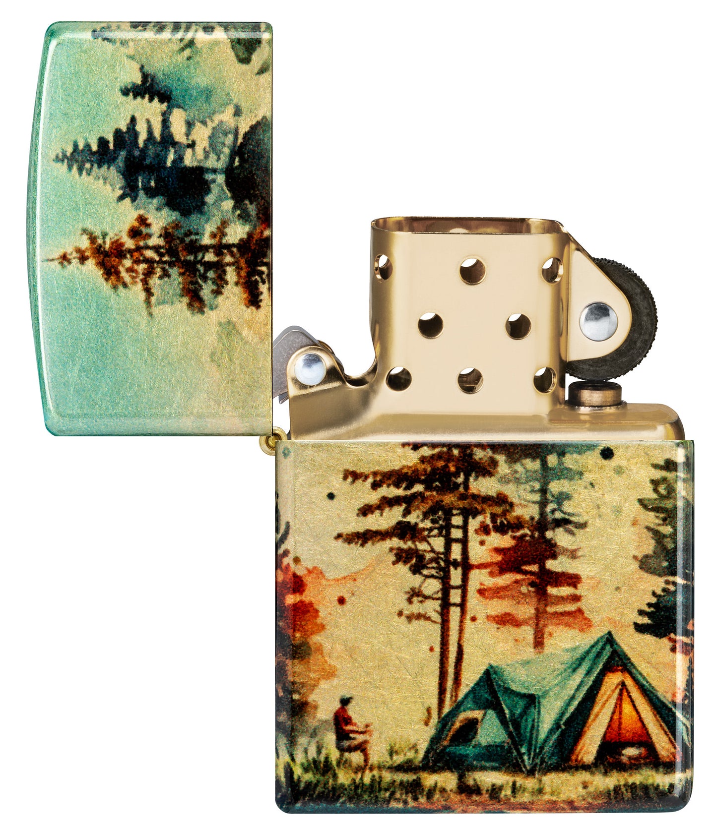 Zippo Off the Grid Design 540 Tumbled Brass Windproof Lighter with its lid open and unlit.
