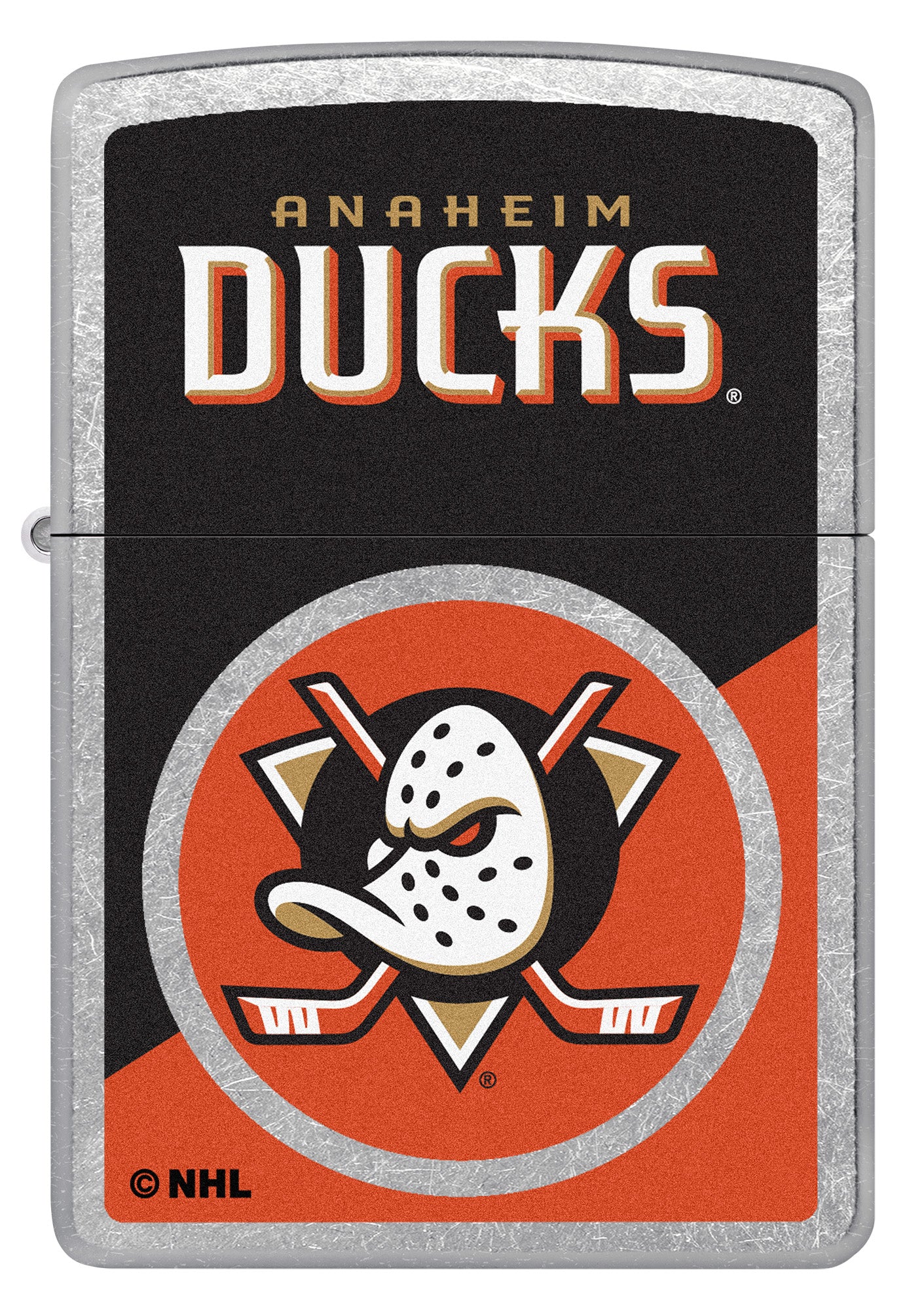 Zippo NHL® Anaheim Ducks® 2024 Street Chrome™ Windproof Lighter with its lid open and lit.