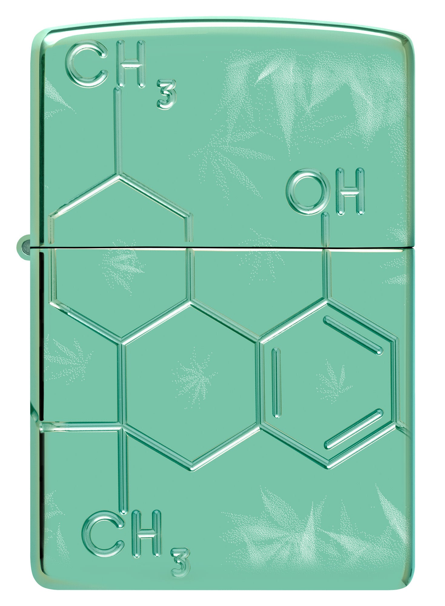 Front view of Zippo Cannabis Compound Design Armor® High Polish Green Windproof Lighter.