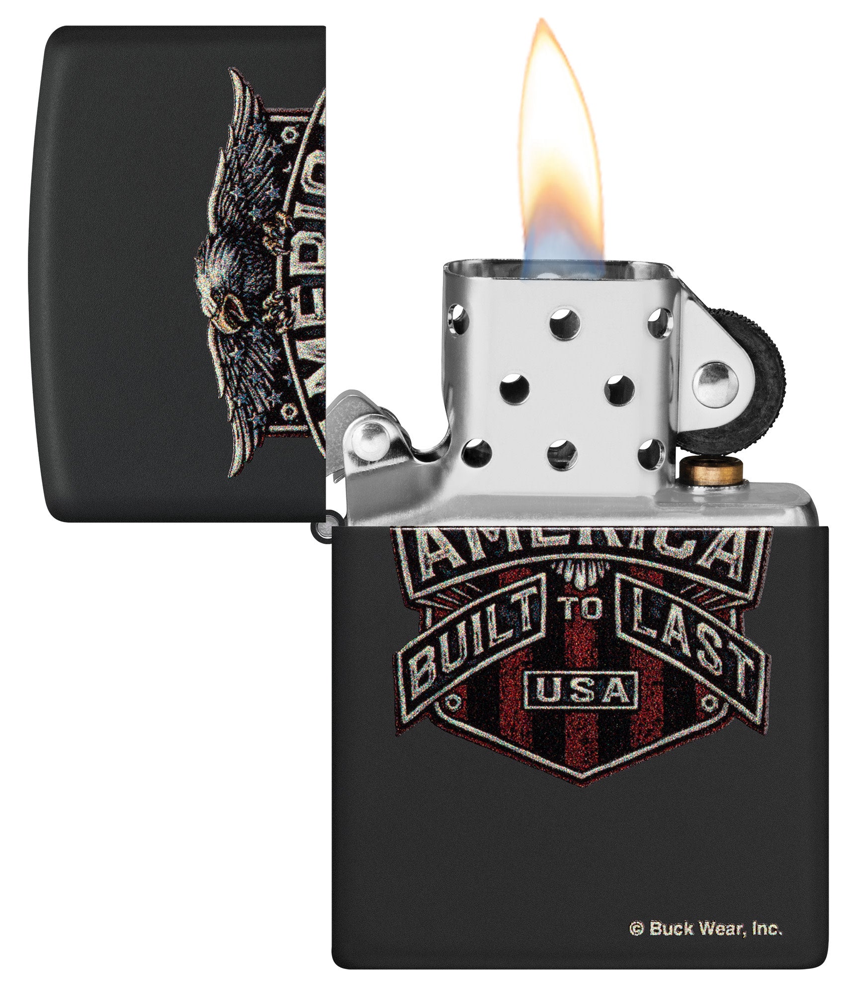 Zippo Buck Wear Eagle Design Black Matte Windproof Lighter with its lid open and lit.