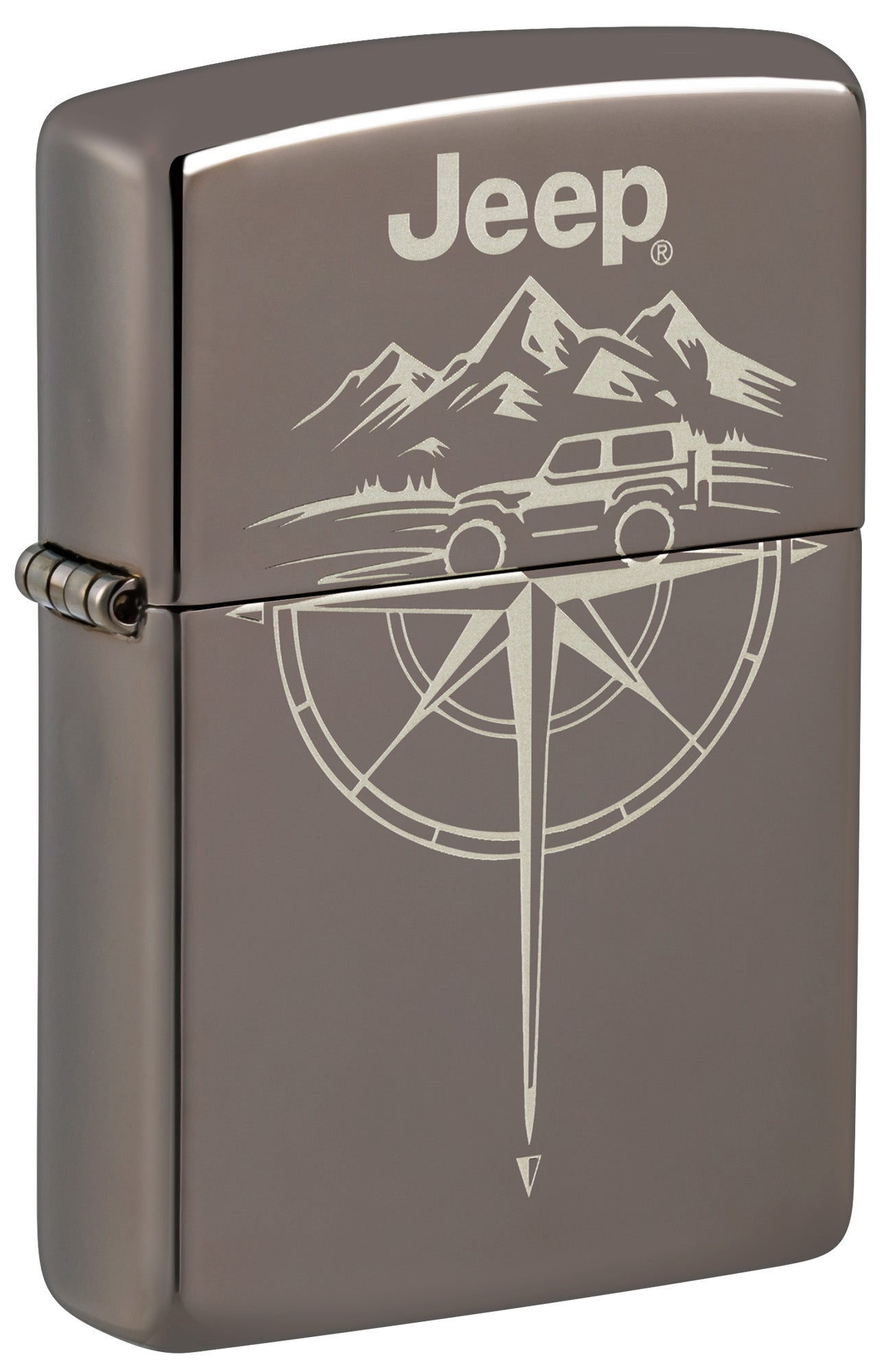 Front shot of Zippo Jeep® Wilderness Design Black Ice Windproof Lighter standing at a 3/4 angle.