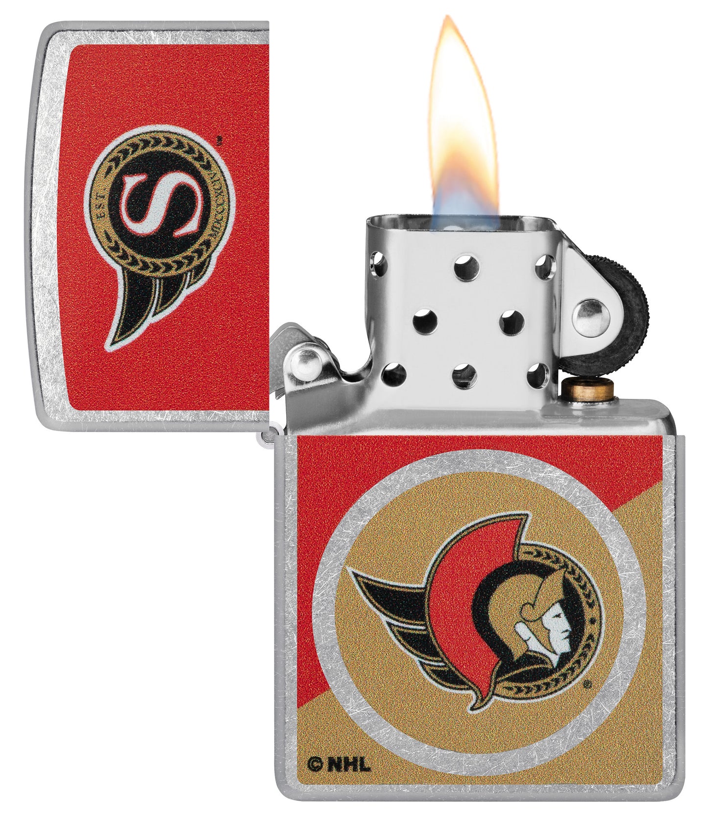 Zippo NHL® Ottawa Senators® 2024 Street Chrome™ Windproof Lighter with its lid open and unlit.