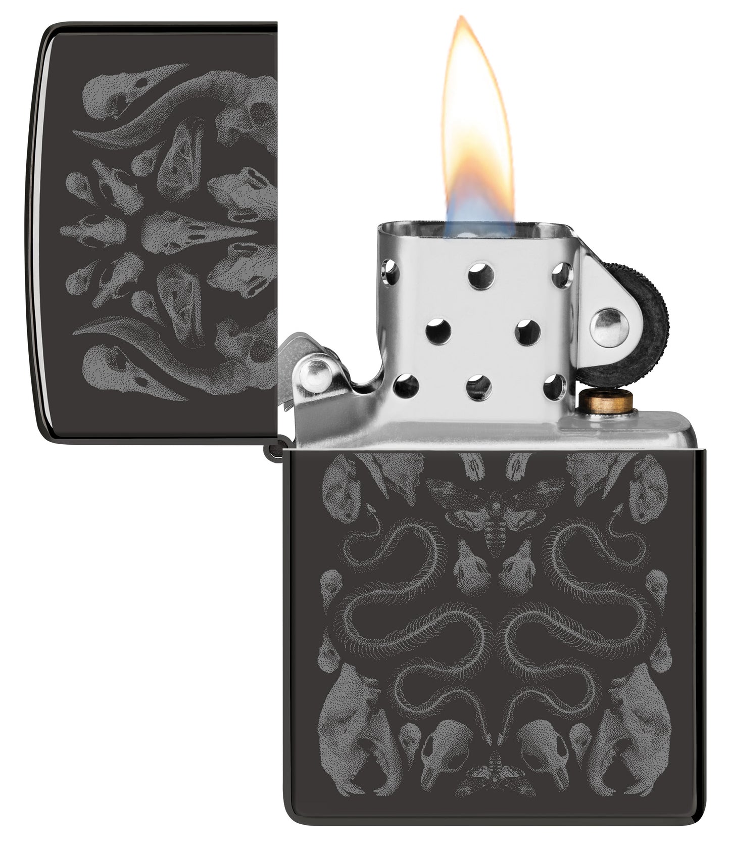 Zippo Bone Mosaic Design Ebony Windproof Lighter with its lid open and lit.