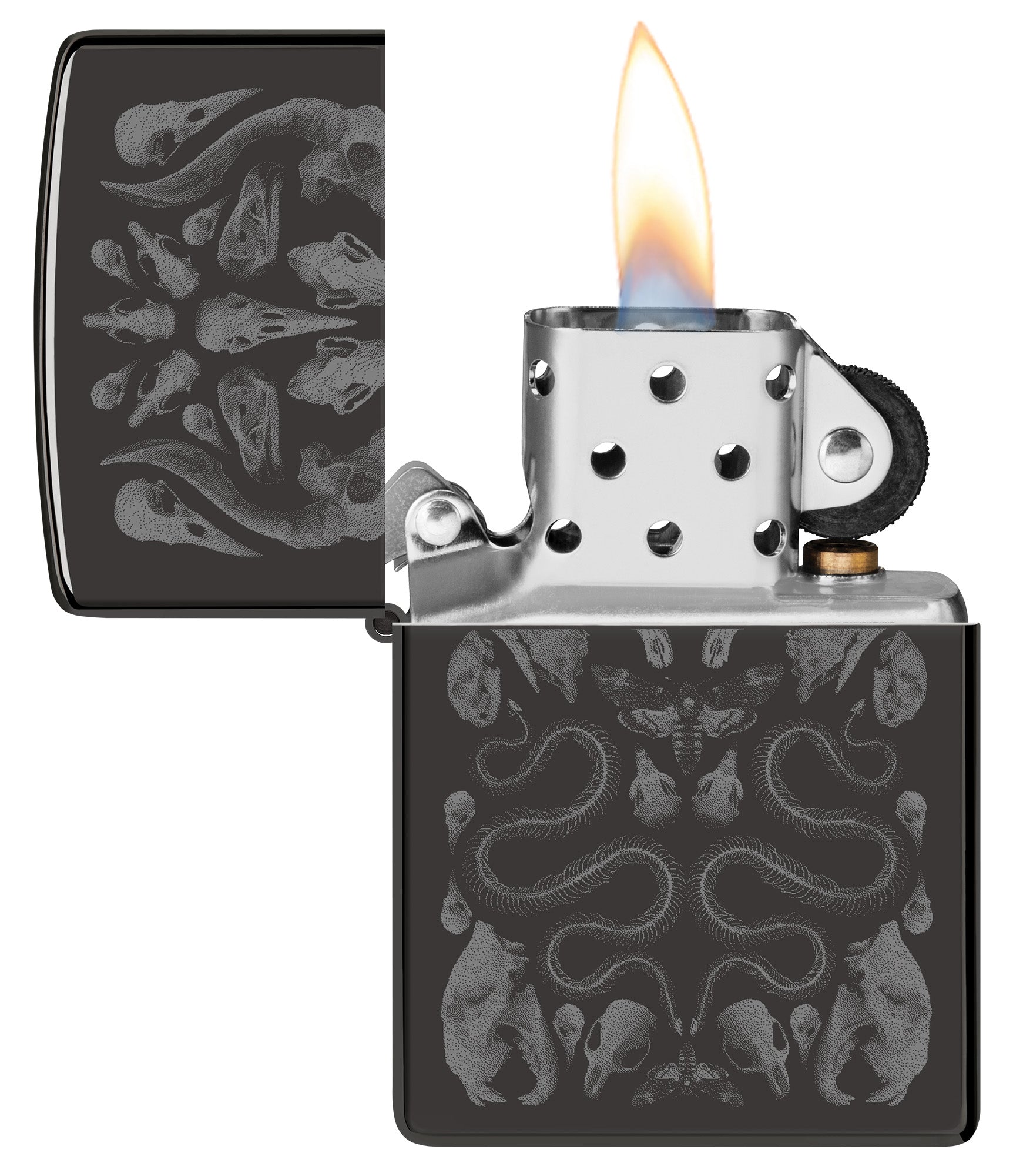 Zippo Bone Mosaic Design Ebony Windproof Lighter with its lid open and lit.