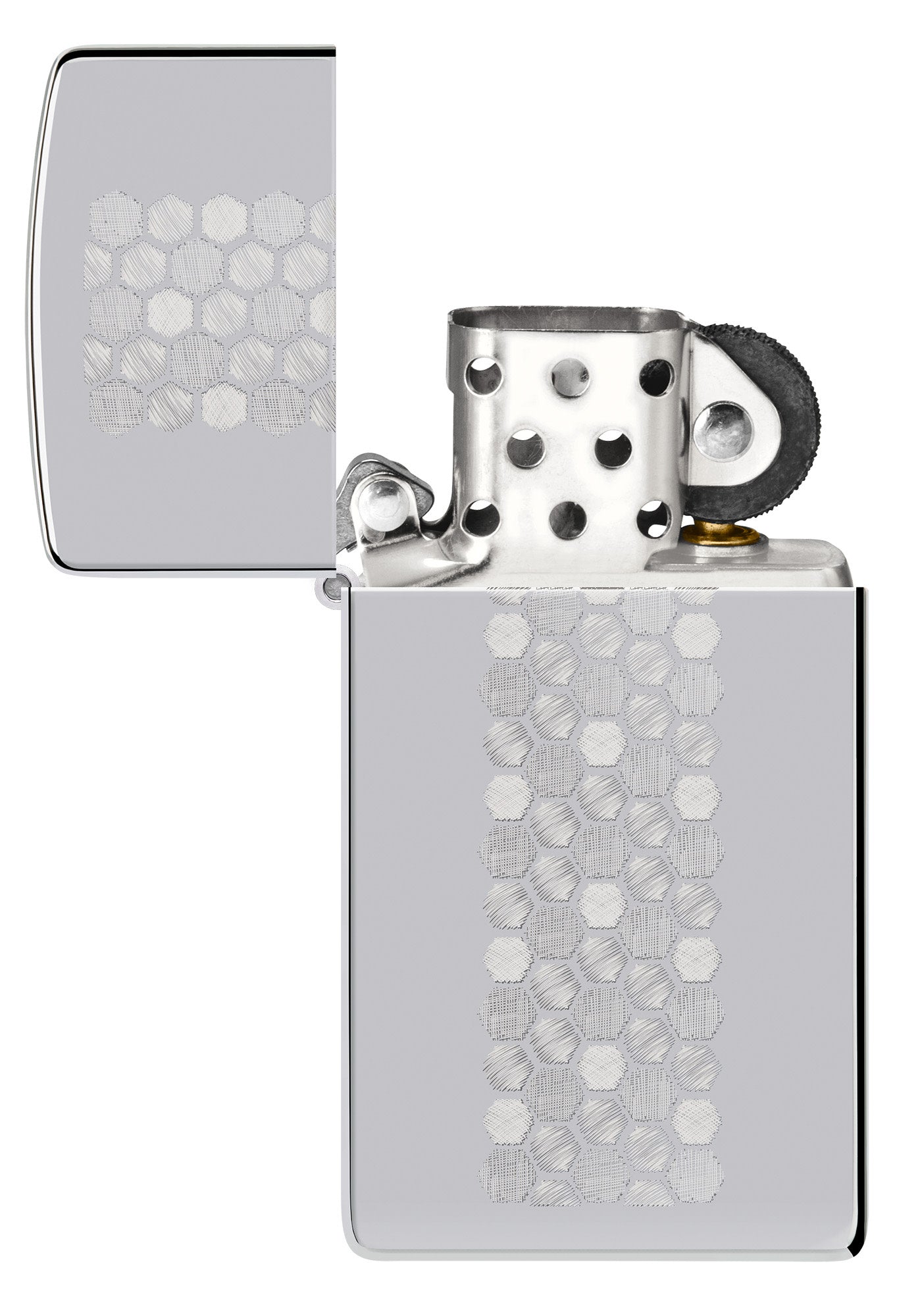 Zippo Slim® Honeycomb Design High Polish Chrome Windproof Lighter with its lid open and unlit.
