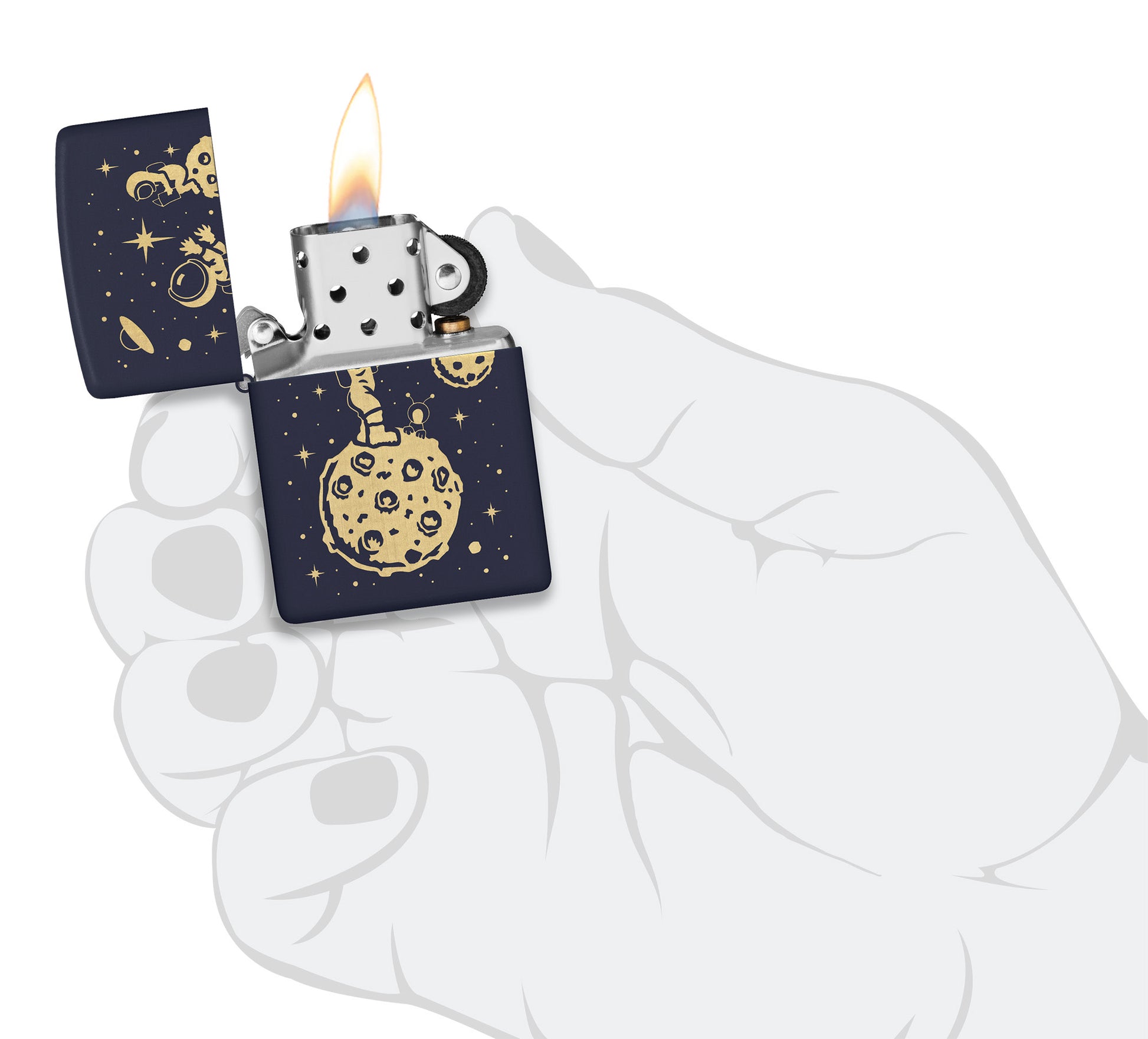 Zippo Lost in Space Design Navy Matte Windproof Lighter lit in hand.