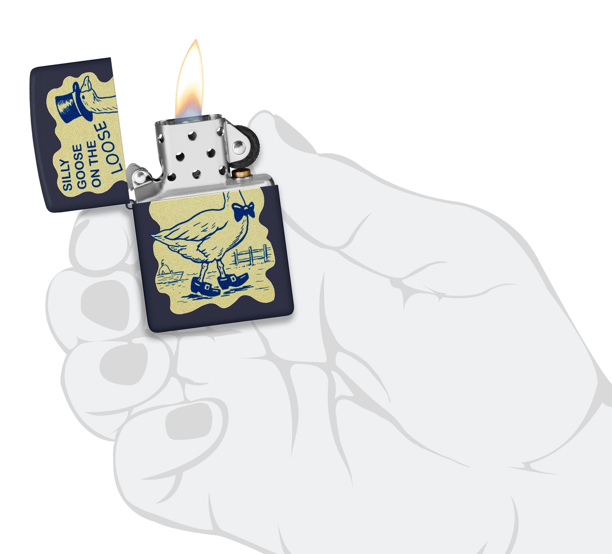 Zippo Silly Goose Design Navy Blue Matte Windproof Lighter lit in hand.