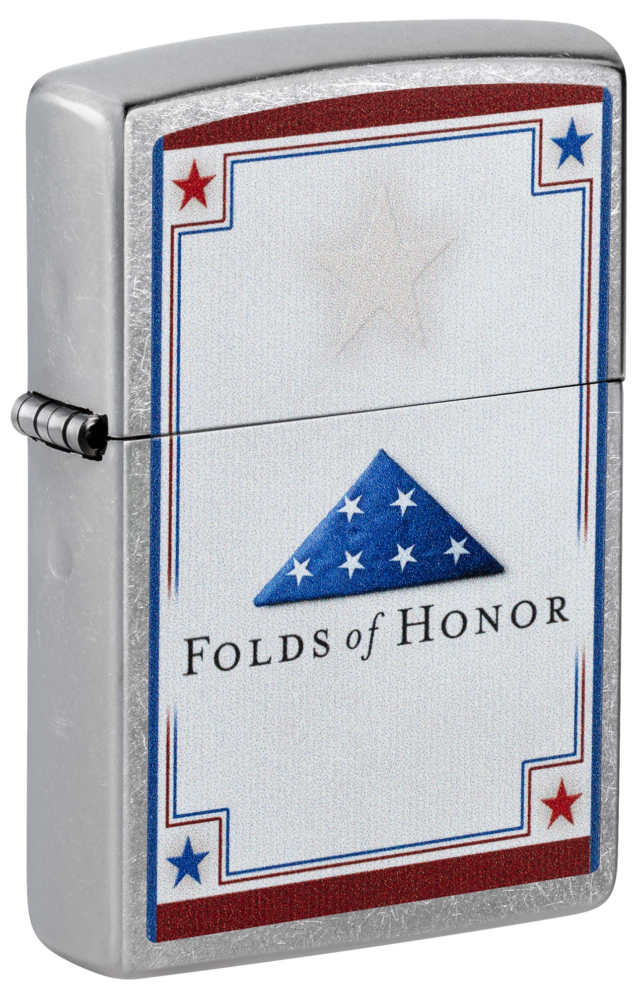 Front shot of Zippo Folds of Honor Logo Design Street Chrome Pocket Lighter standing at a 3/4 angle.