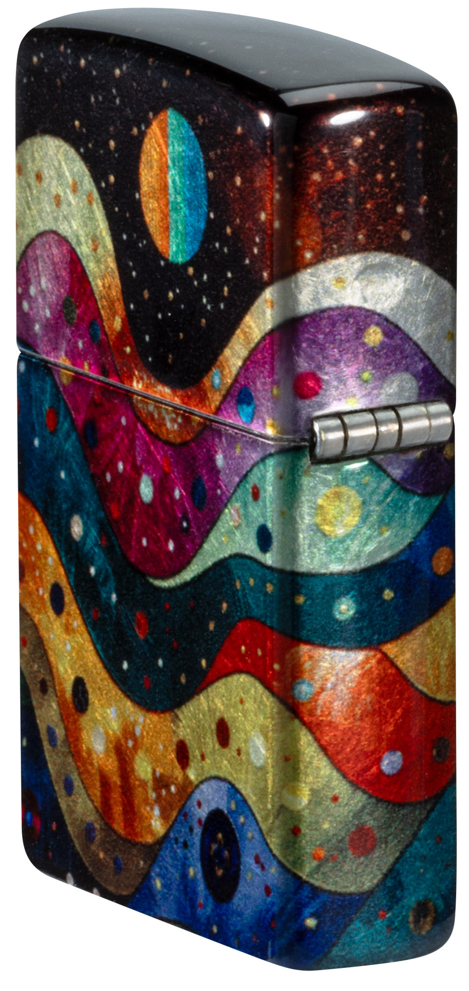 Angled shot of Zippo Space Fusion Design 540 Tumbled Chrome Windproof Lighter showing the back and hinge sides of the lighter.