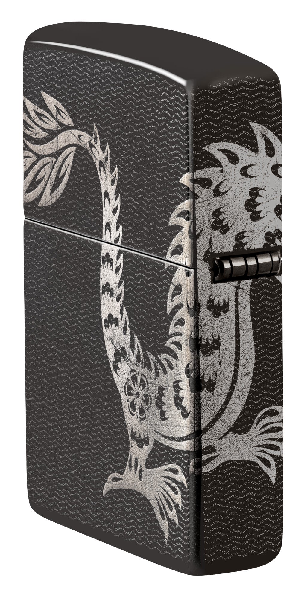 Angled shot of Zippo Lucky Dragon Design High Polish Black Windproof Lighter showing the back and hinge side of the lighter.