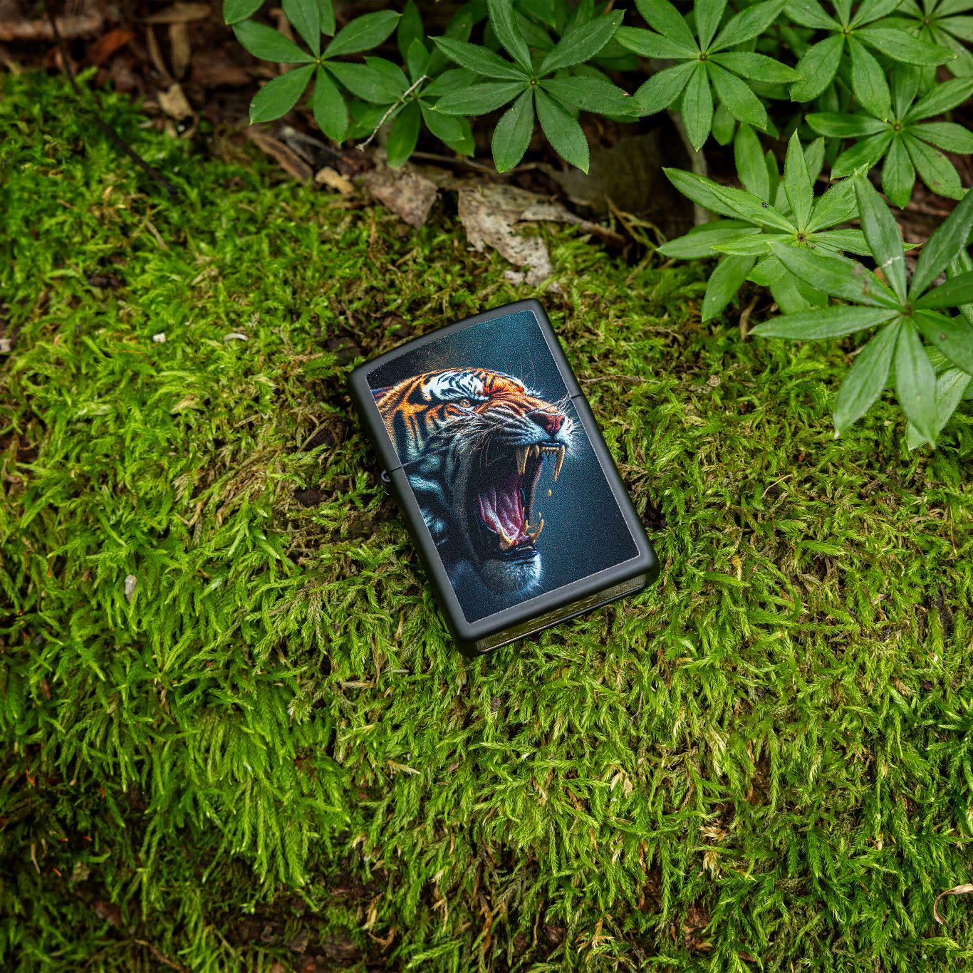 Lifestyle image of Zippo Tiger Roar Design Black Matte Windproof Lighter laying on some grass.