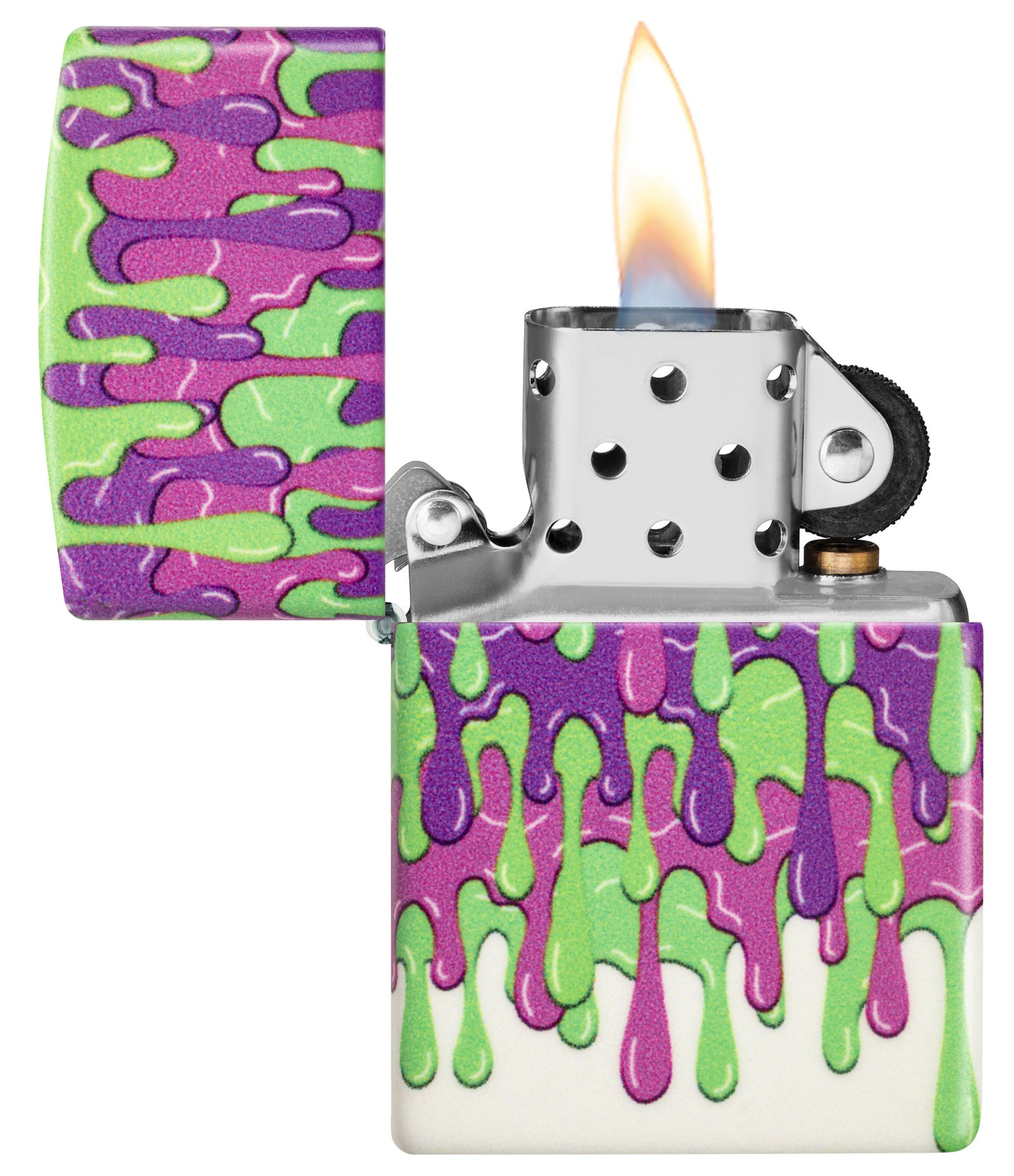 Zippo Glowing Slime Design Glow in the Dark Windproof Lighter with its lid open and lit.