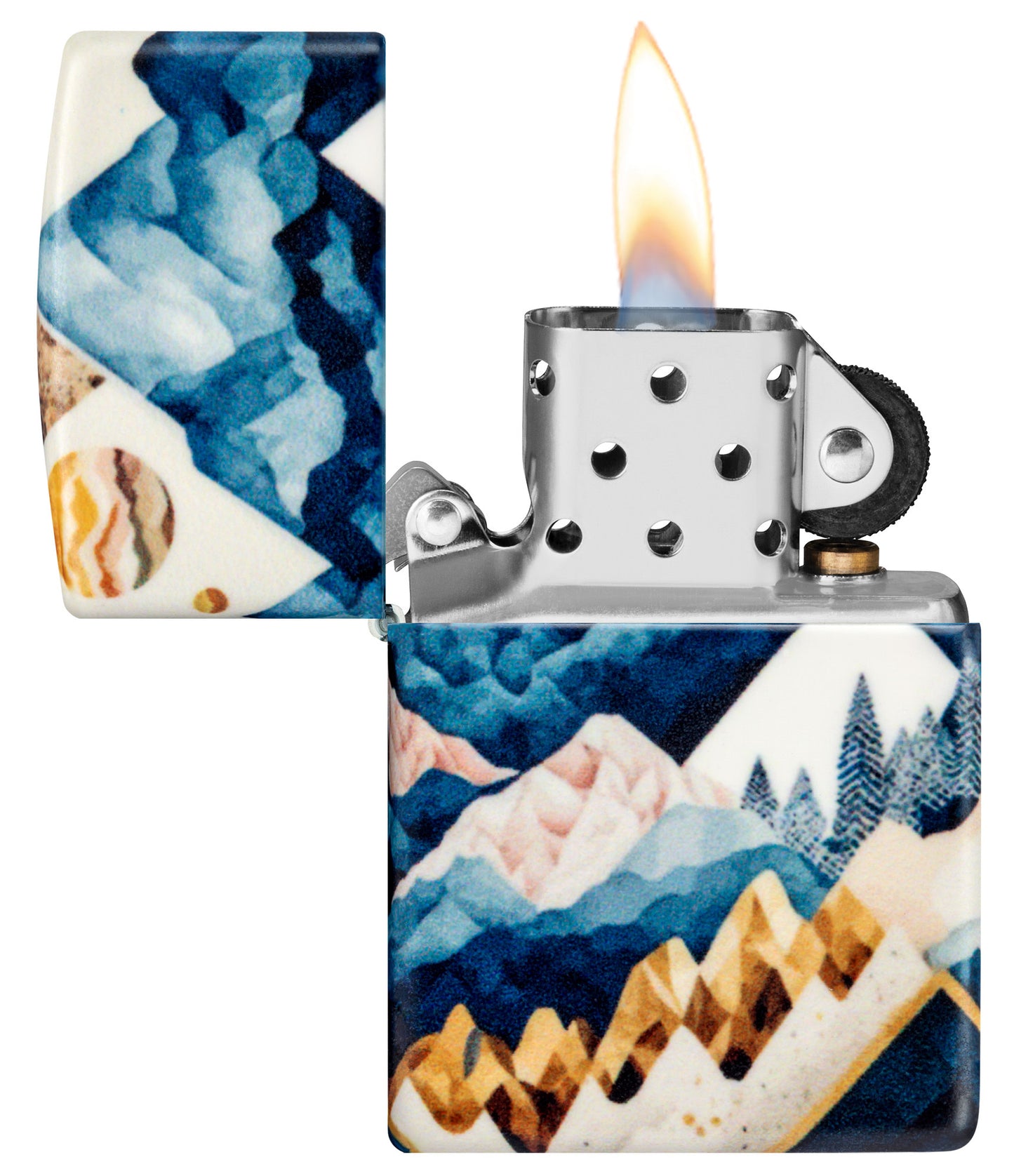 Zippo Mountain Collage Design 540 Matte Windproof Lighter with its lid open and lit.
